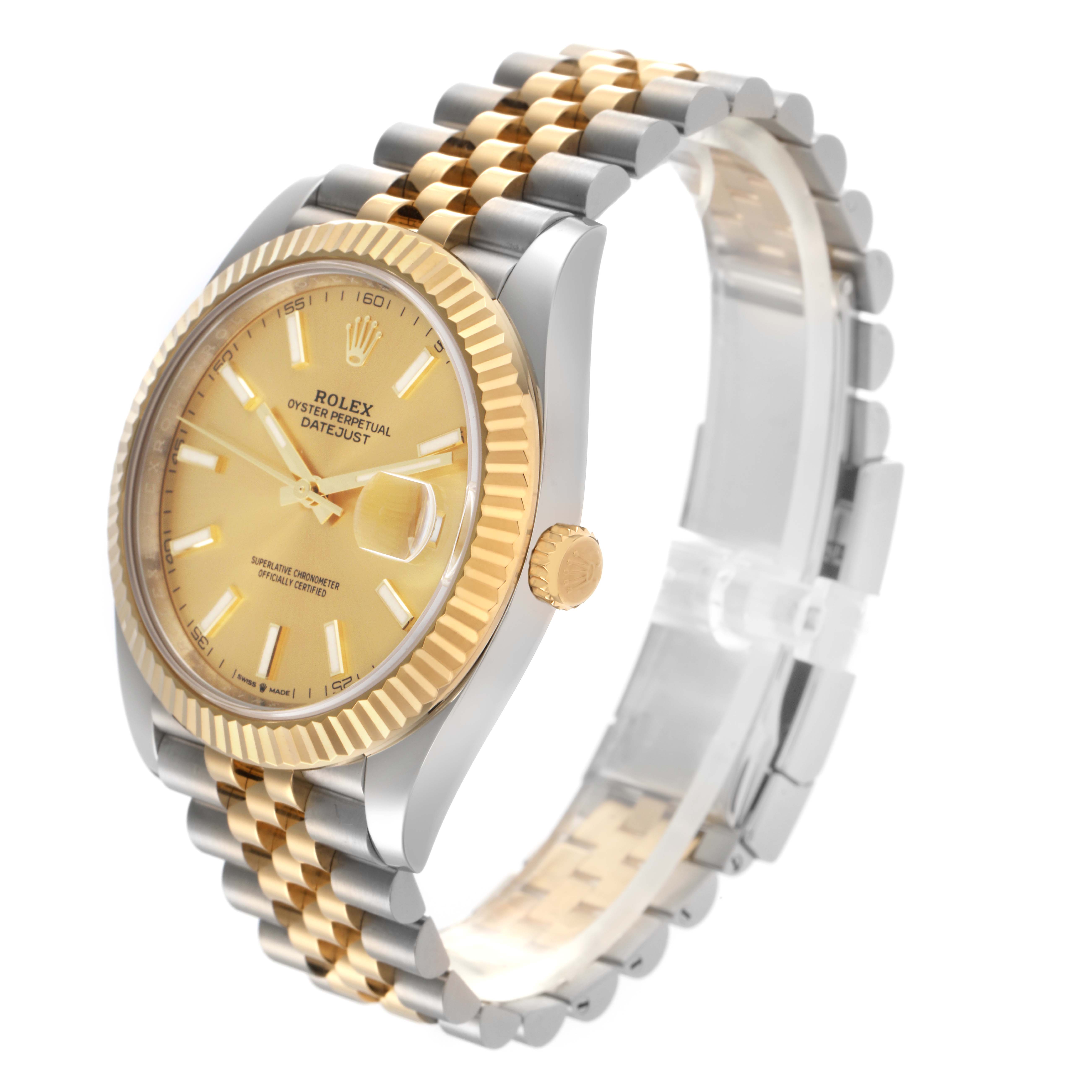 The Rolex Datejust 41 126333 Men's Steel and Gold (two tone) Champagne Dial 126333 Men's Steel and Gold (two tone) Champagne Dial is shown at a three-quarter angle, highlighting the fluted bezel, dial, and two-tone Jubilee bracelet.