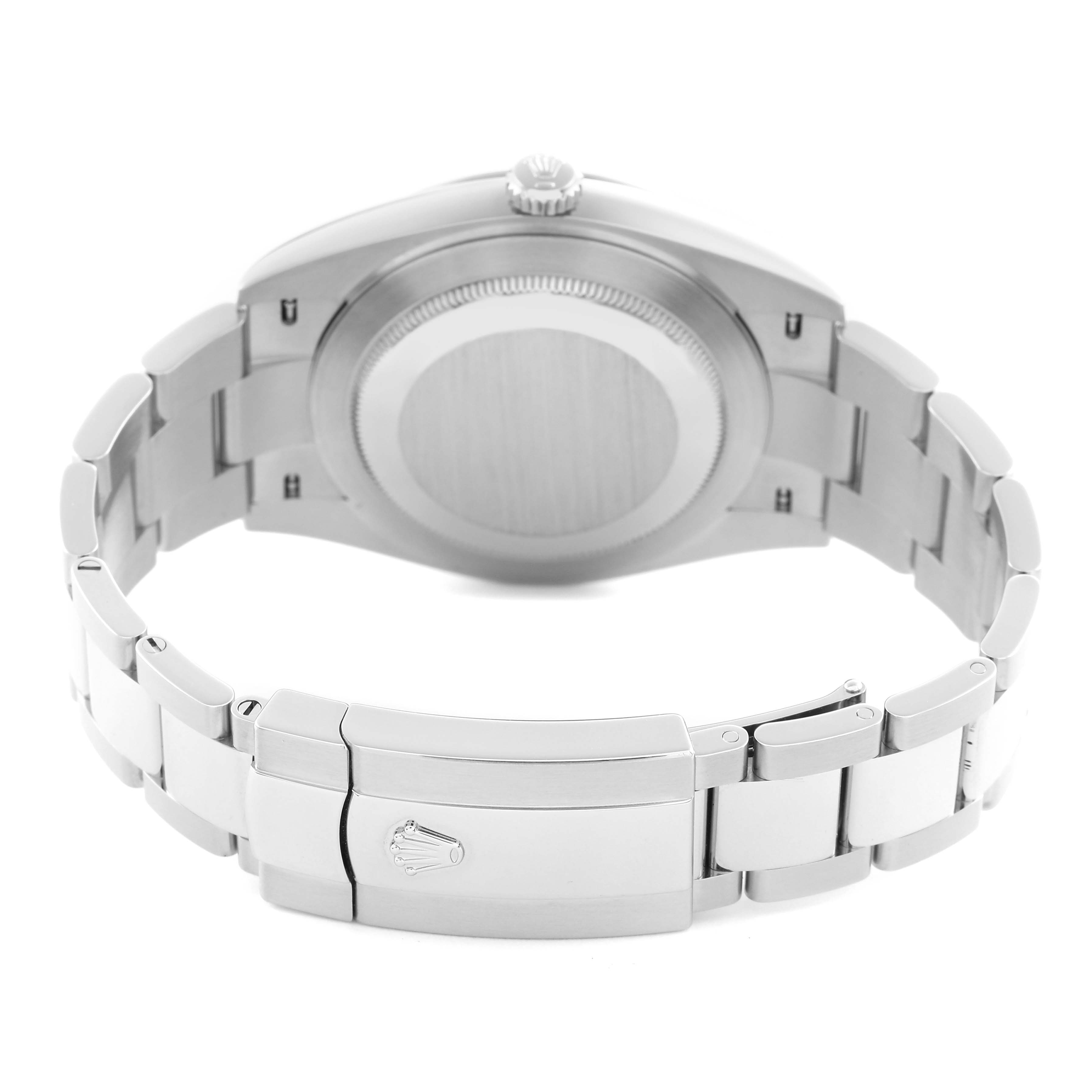 The Rolex Datejust 41 126300 Men's Stainless Steel White Dial 126300 Men's Stainless Steel White Dial is shown from the back, highlighting the case back, bracelet, and clasp.