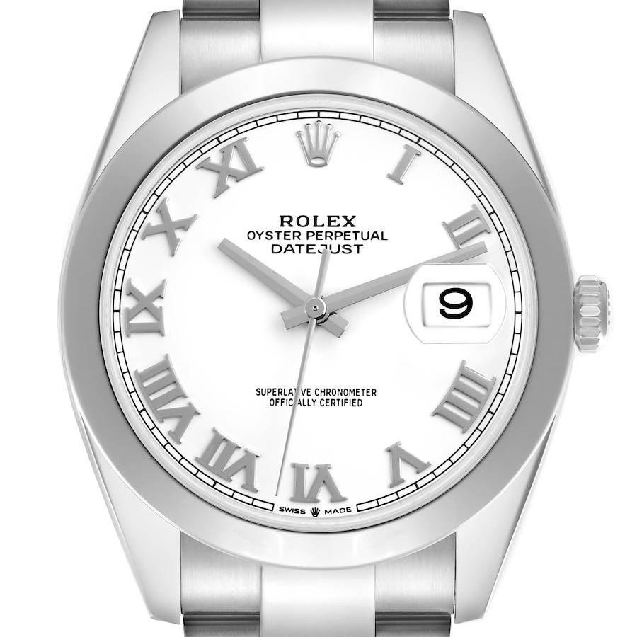 The Rolex Datejust 41 is shown from a top-down angle, highlighting its face, bezel, and part of the band.