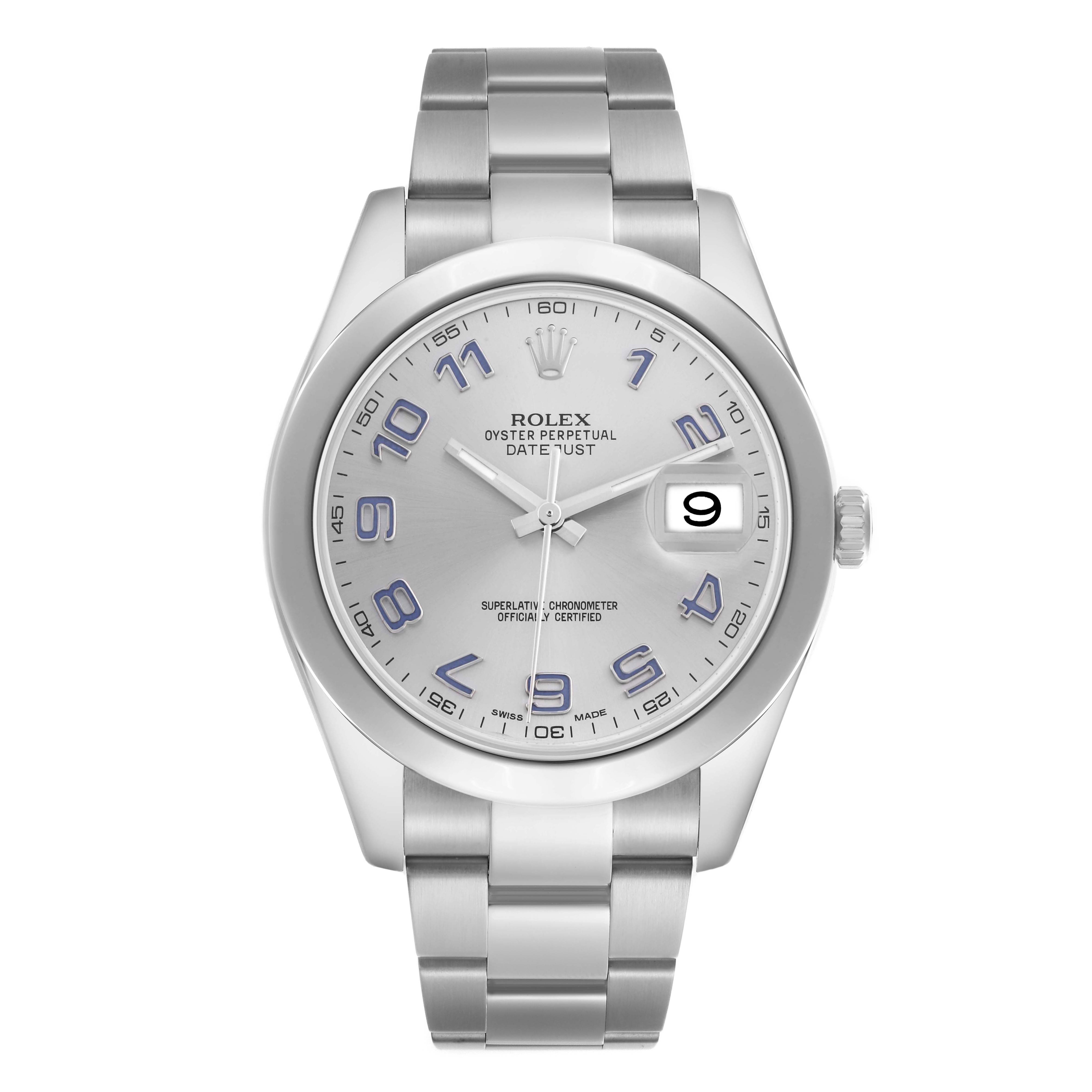 The Rolex Datejust 41 116300 Men
s Stainless Steel Silver Dial 116300 Men
s Stainless Steel Silver Dial is shown from the front, highlighting the silver dial, blue numerals, date window, and stainless steel bracelet.