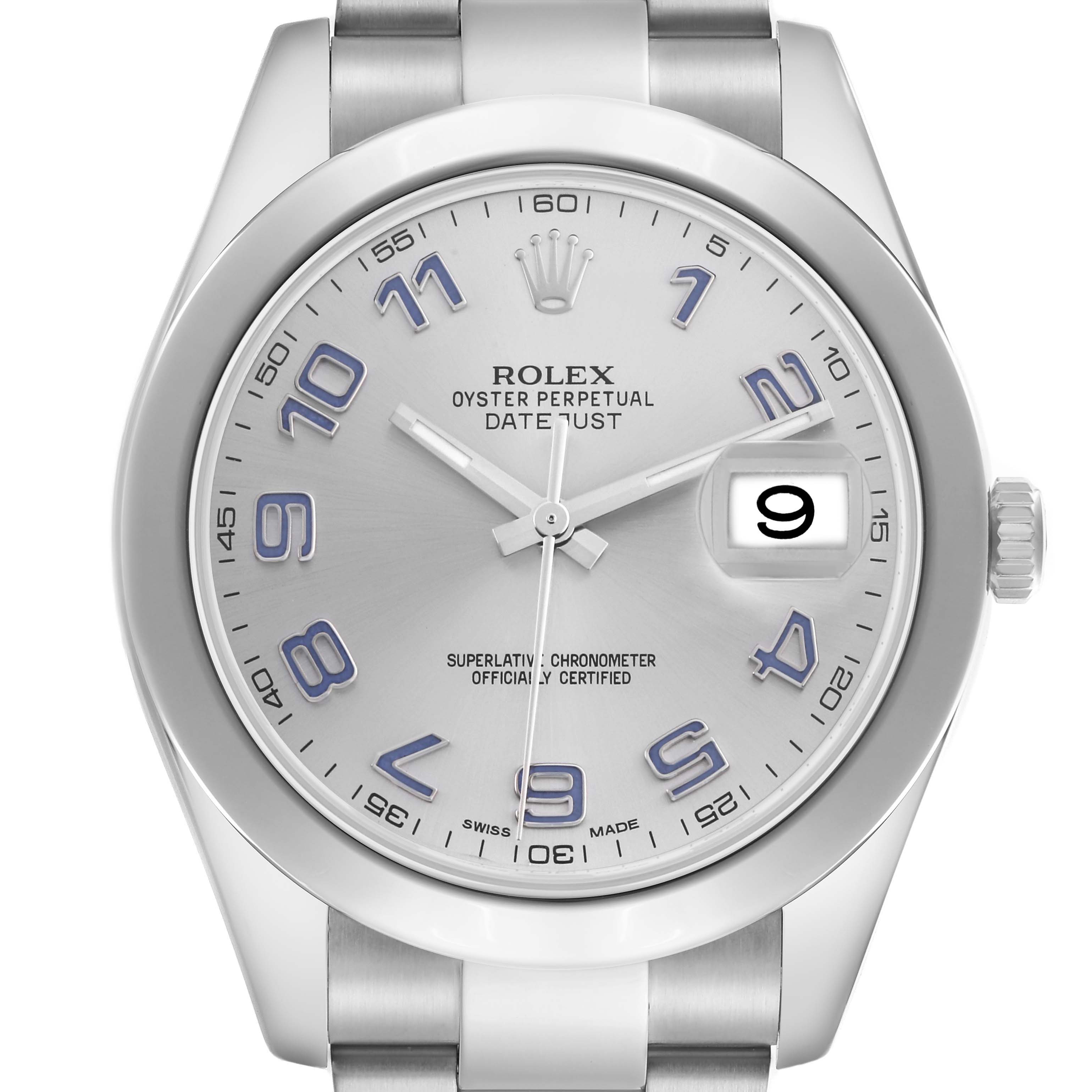 The Rolex Datejust 41 116300 Men
s Stainless Steel Silver Dial 116300 Men
s Stainless Steel Silver Dial watch is shown from a front angle, highlighting its silver dial, blue numerals, and cyclops date window.