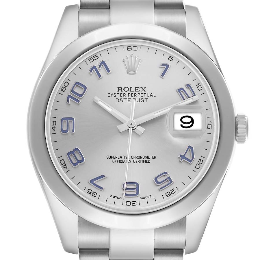 The Rolex Datejust 41 watch is shown from a front angle, highlighting its silver dial, blue numerals, and cyclops date window.