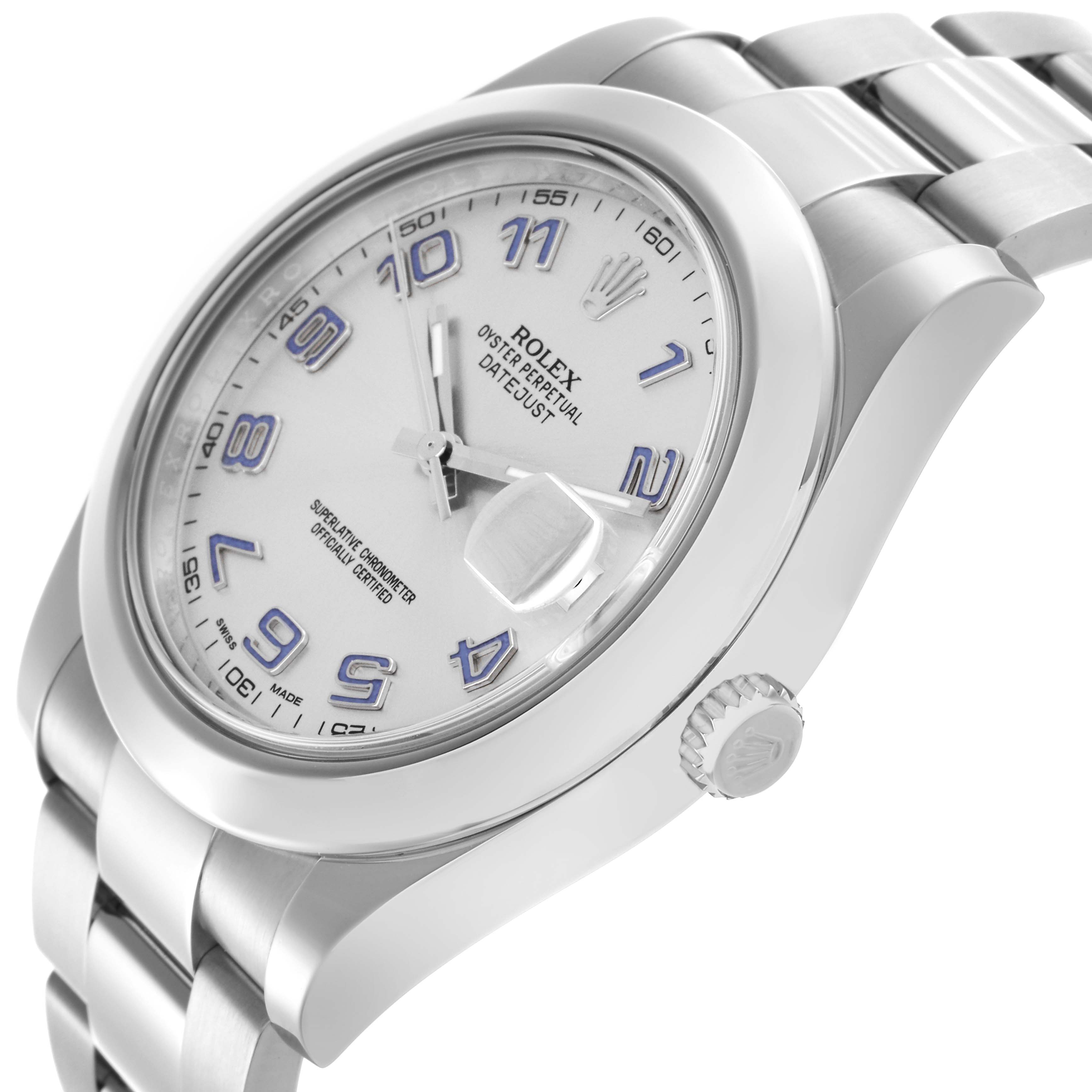 The Rolex Datejust 41 116300 Men
s Stainless Steel Silver Dial 116300 Men
s Stainless Steel Silver Dial is shown at an angled side view, highlighting the dial, crown, case, and part of the bracelet.