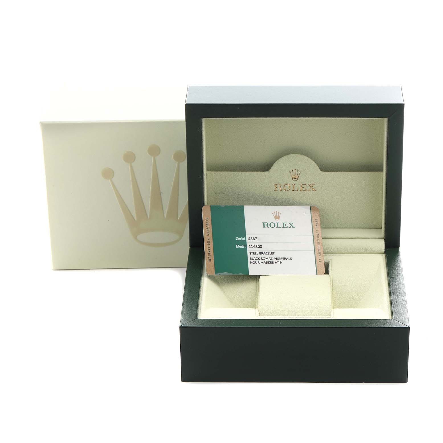 The image shows the open box of a Rolex Datejust 41 116300 Men
s Stainless Steel Silver Dial 116300 Men
s Stainless Steel Silver Dial with an Best Quality
ity card, viewed from the front.