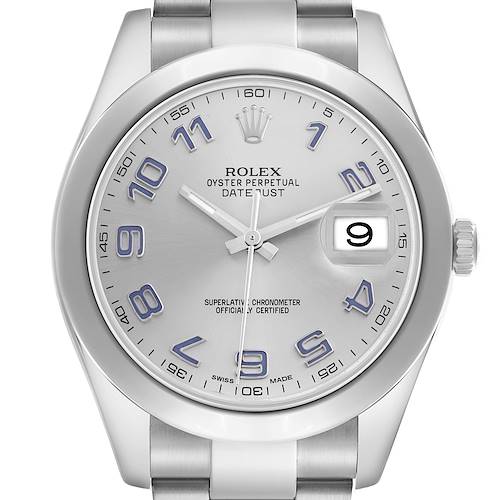 The Rolex Datejust 41 is shown from a front view, highlighting the dial, hands, date, and part of the bracelet.