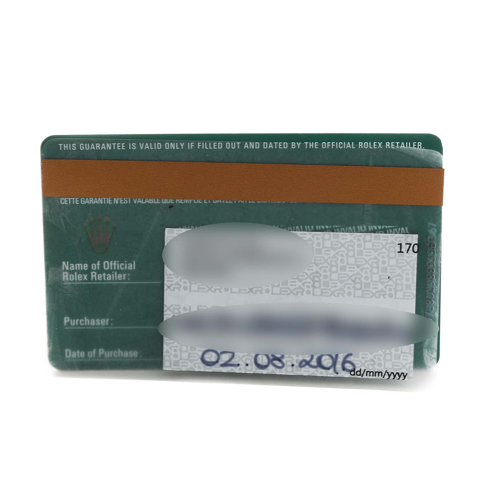The image shows a warranty card for the Rolex Datejust 41 116300 Men
s Stainless Steel Silver Dial 116300 Men
s Stainless Steel Silver Dial, displaying purchase details.