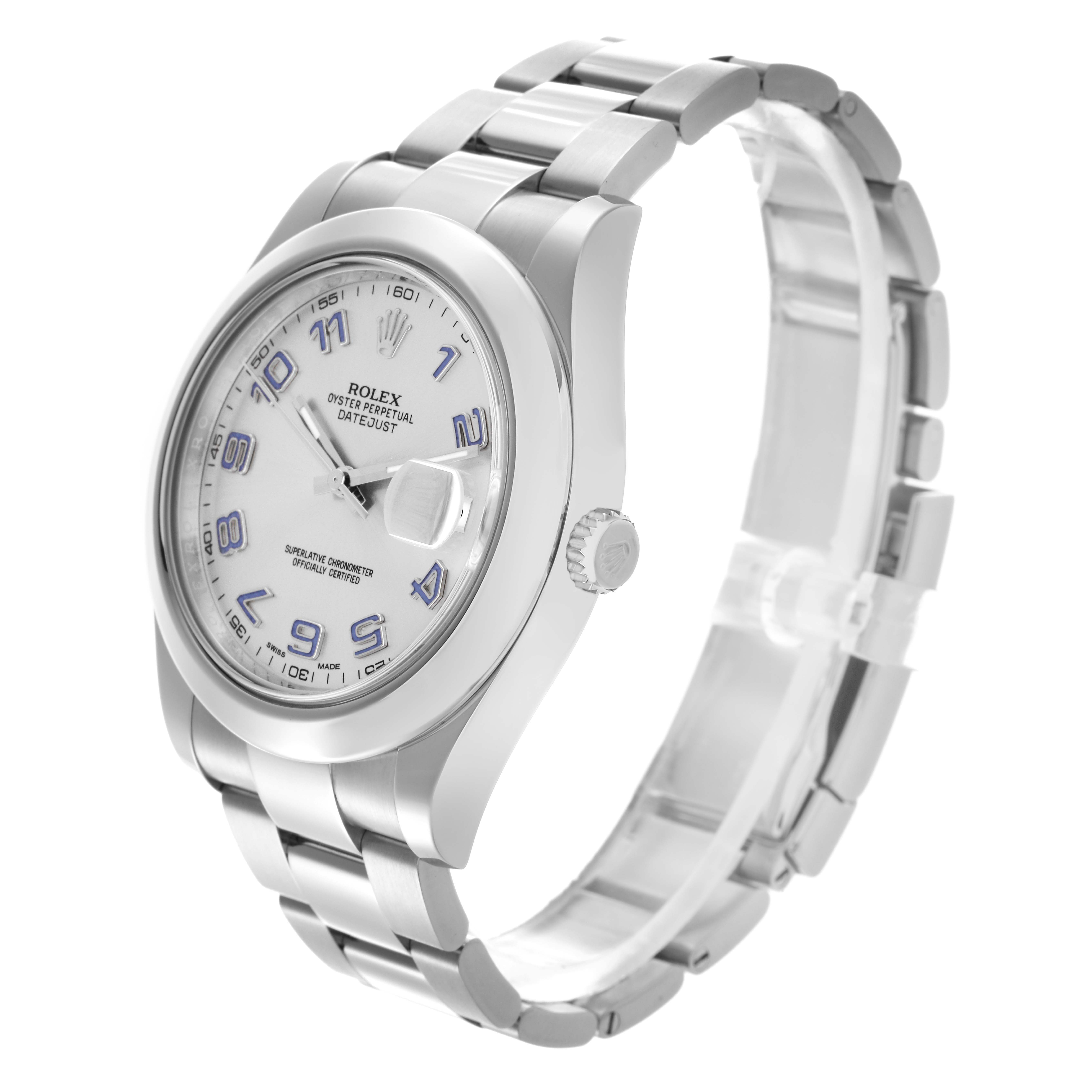 The Rolex Datejust 41 116300 Men
s Stainless Steel Silver Dial 116300 Men
s Stainless Steel Silver Dial watch is shown from a slightly angled side view, highlighting the face, bezel, crown, and bracelet.