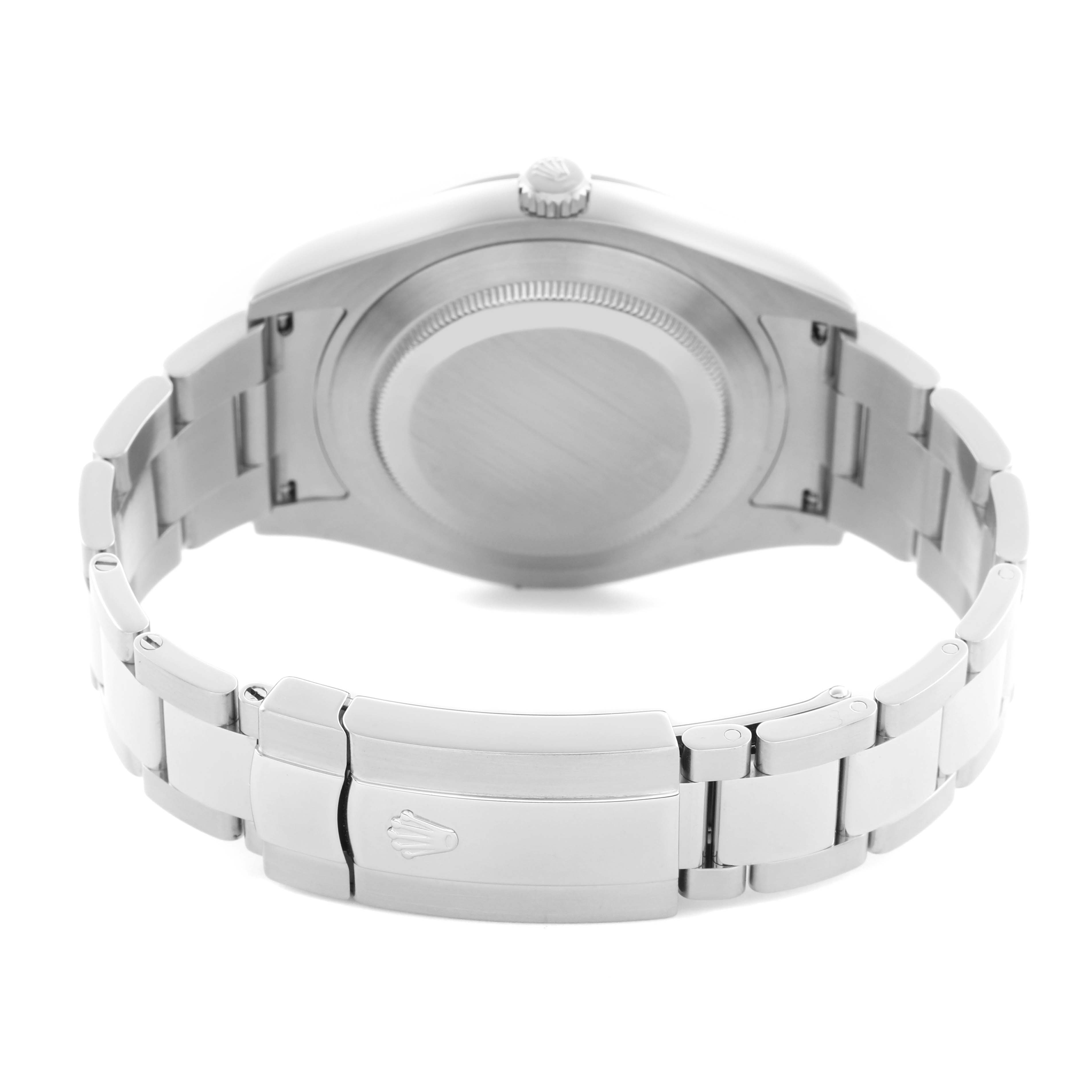 The Rolex Datejust 41 116300 Men
s Stainless Steel Silver Dial 116300 Men
s Stainless Steel Silver Dial is shown from the back, displaying the case back and partially open Oyster bracelet with clasp.