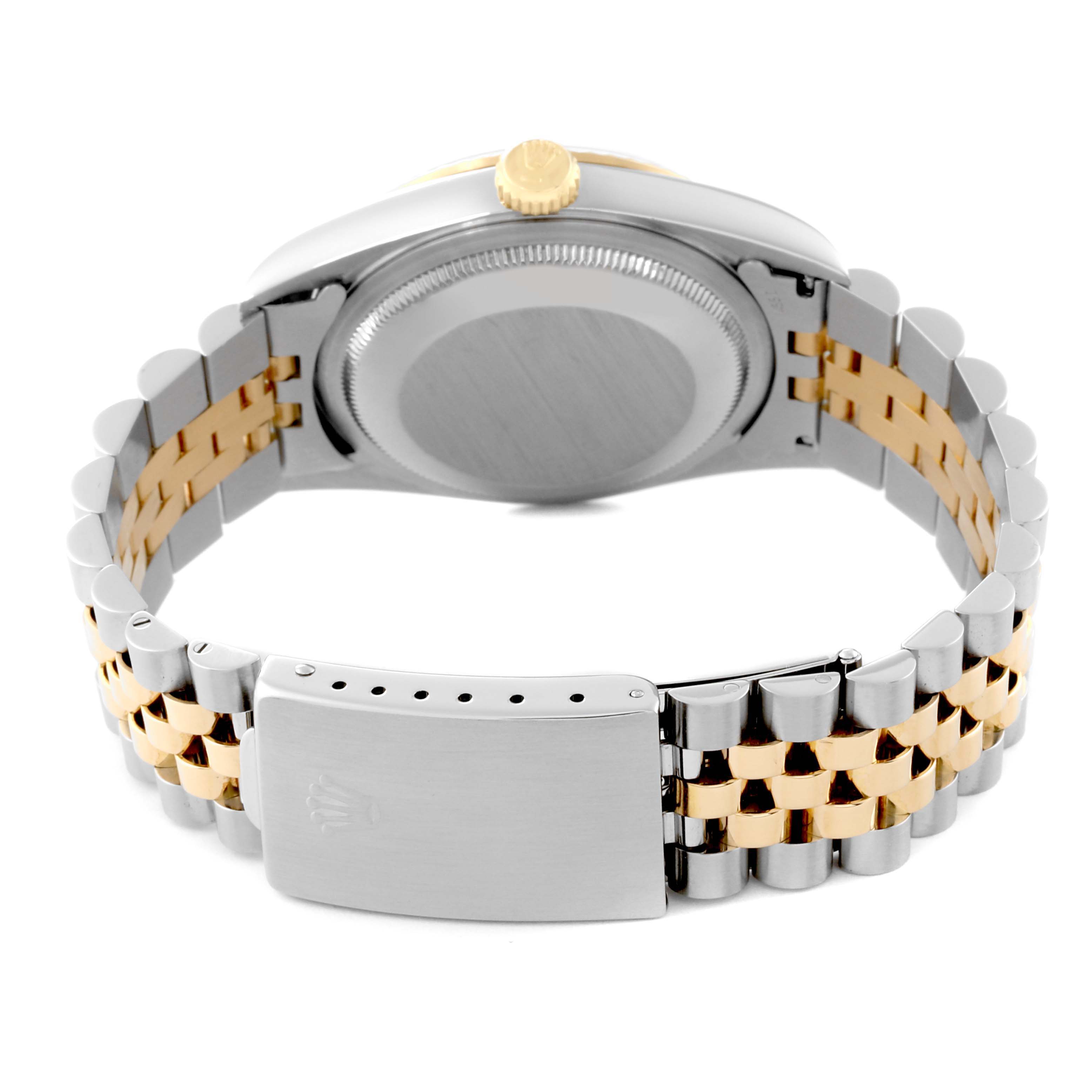 The image shows the back view of a Rolex Datejust 16233 Men's Steel and Gold (two tone) White Dial 16233 Men's Steel and Gold (two tone) White Dial watch featuring its case back, crown, and two-tone bracelet.