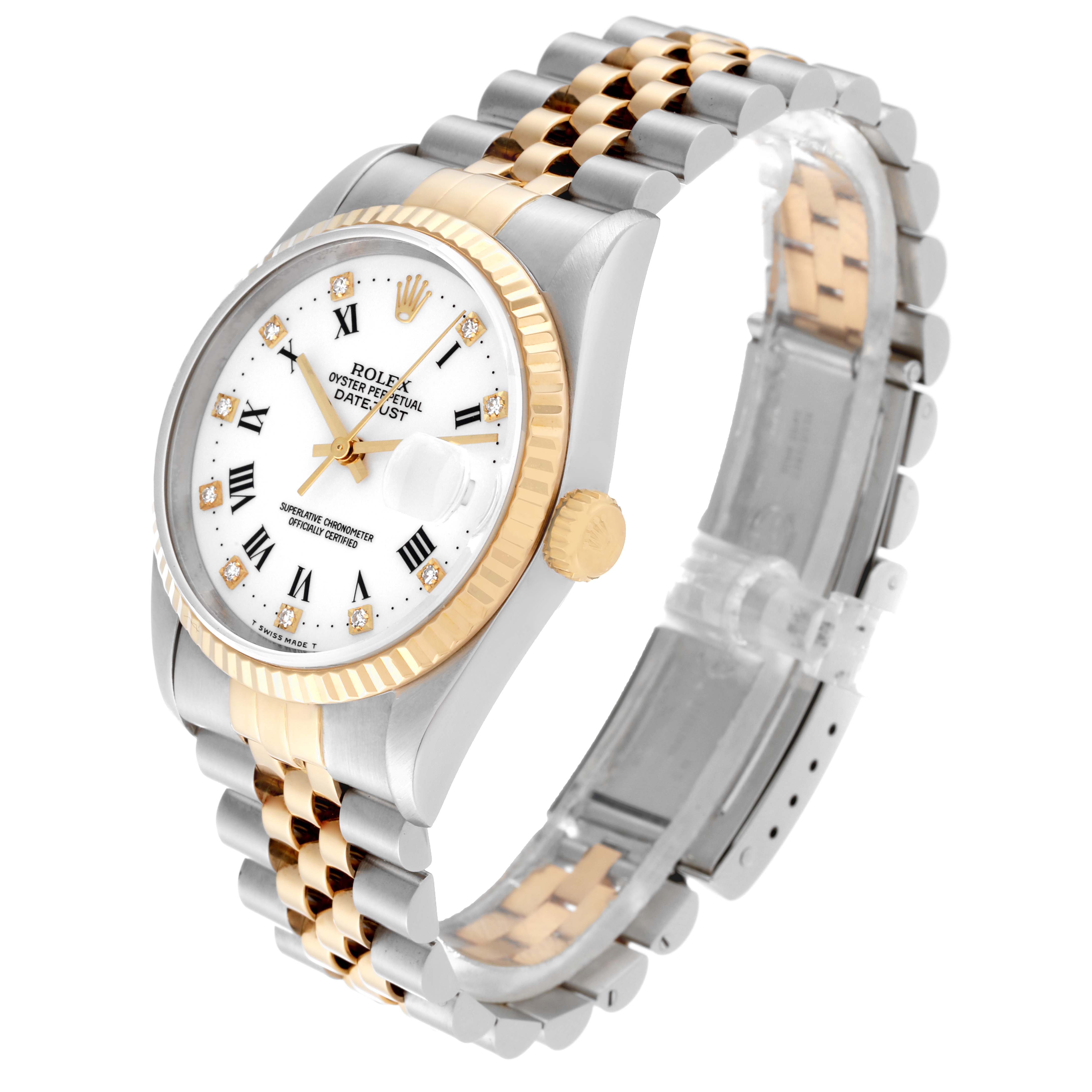 This Rolex Datejust 16233 Men's Steel and Gold (two tone) White Dial 16233 Men's Steel and Gold (two tone) White Dial watch is shown at a front-side angle, highlighting its two-tone bracelet, white dial, and gold fluted bezel.