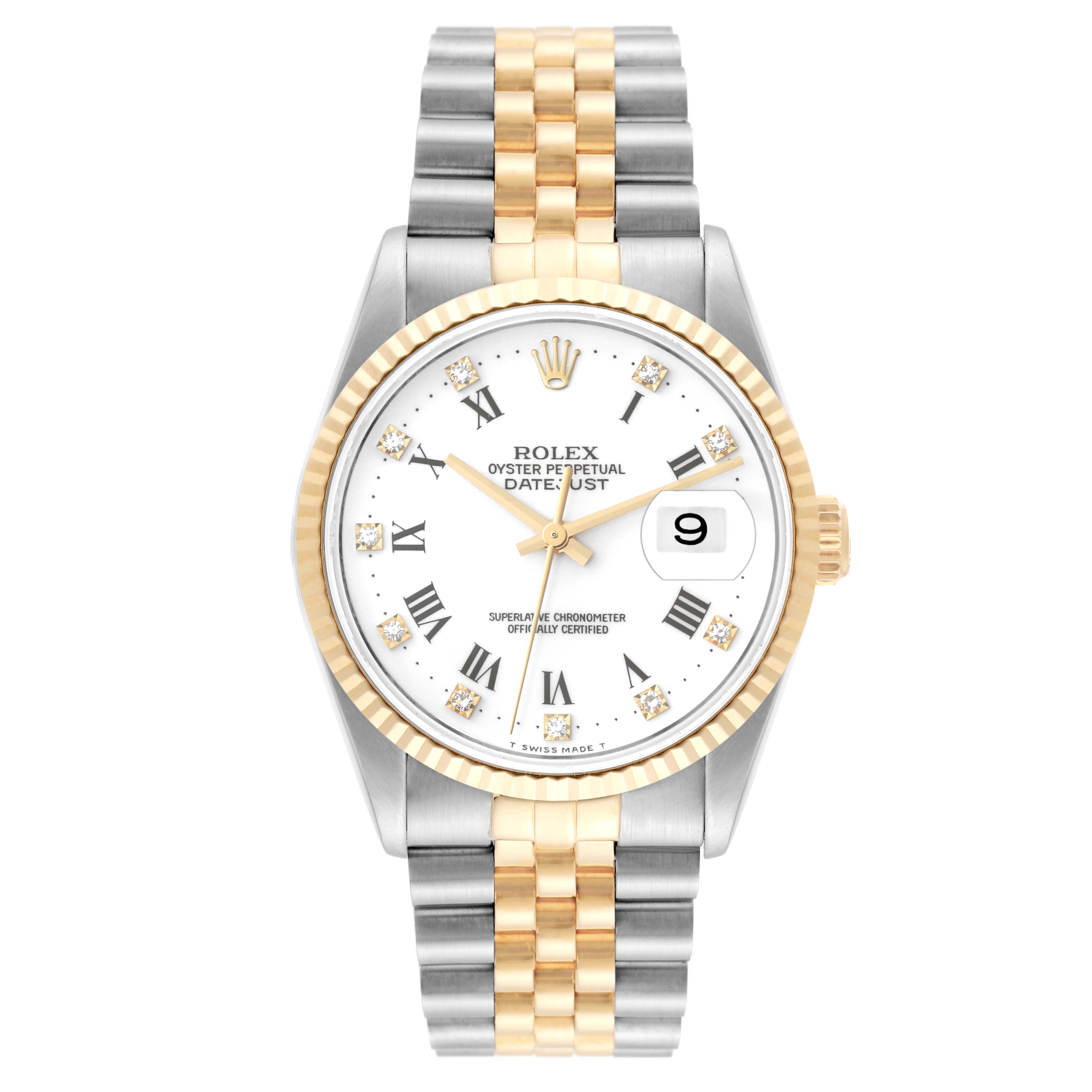 This image shows a front view of the Rolex Datejust 16233 Men's Steel and Gold (two tone) White Dial 16233 Men's Steel and Gold (two tone) White Dial watch featuring a two-tone bracelet, a white dial, and a gold fluted bezel.