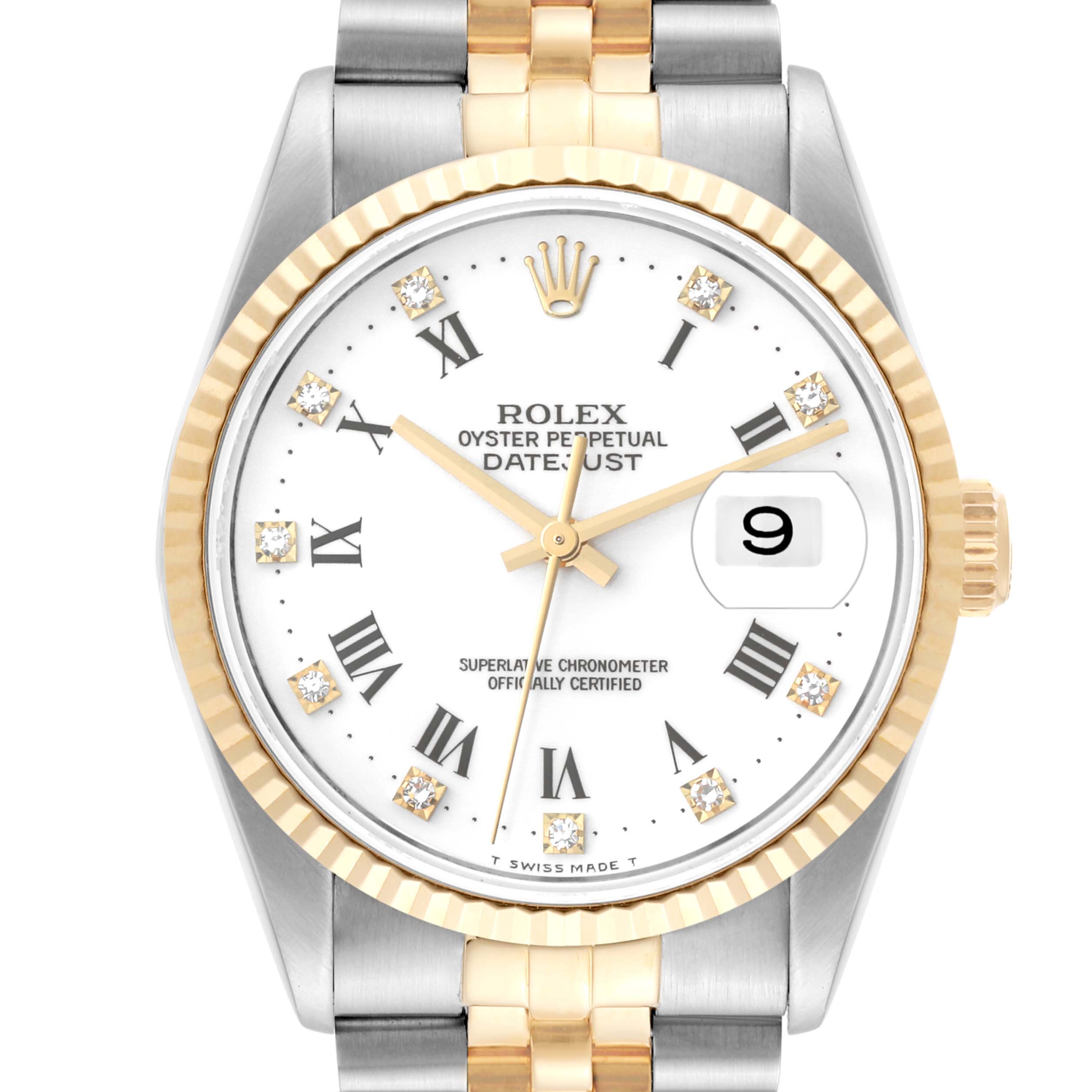 The image shows a Rolex Datejust 16233 Men's Steel and Gold (two tone) White Dial 16233 Men's Steel and Gold (two tone) White Dial watch from a front angle, highlighting its dial, bezel, and part of the bracelet.
