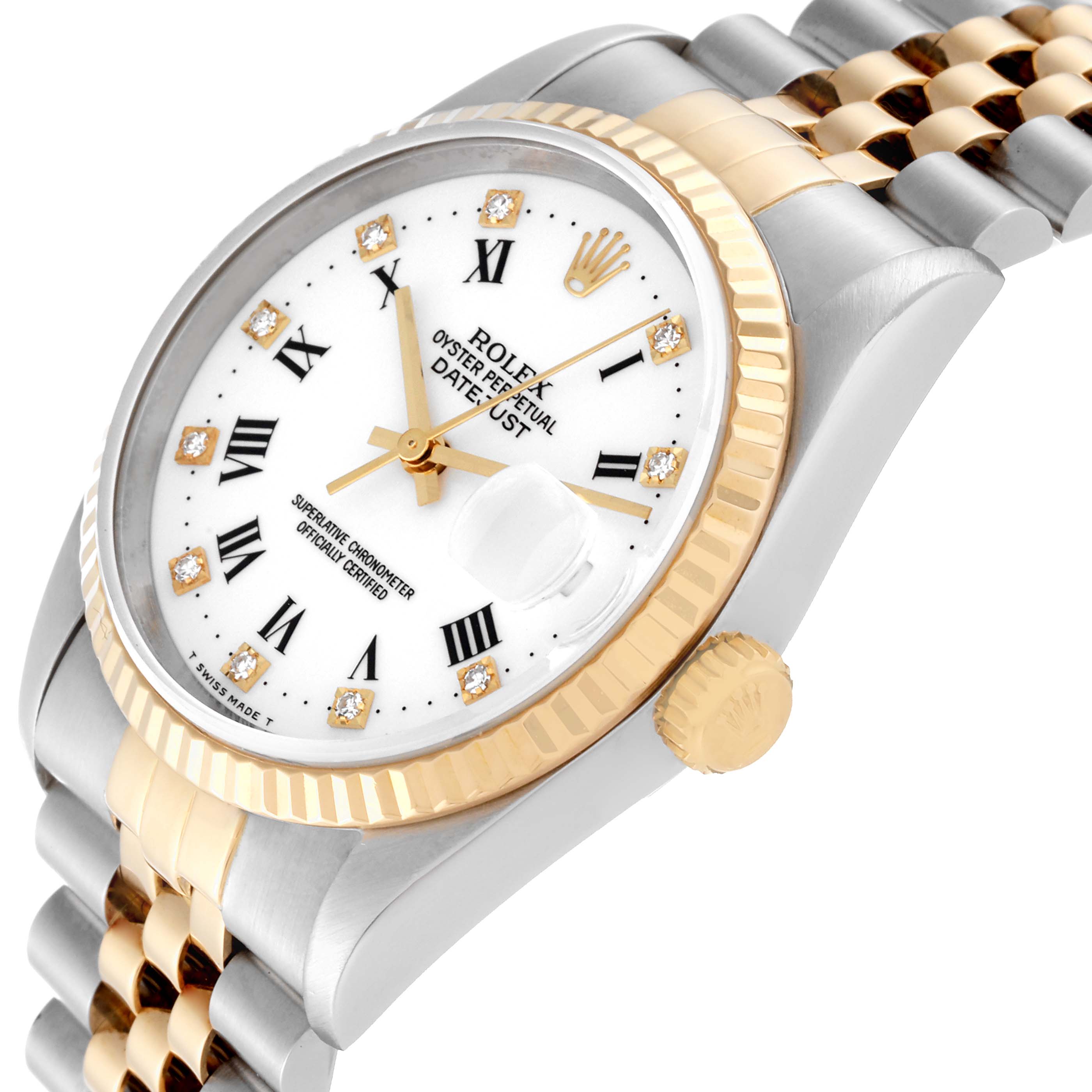 The image shows a Rolex Datejust 16233 Men's Steel and Gold (two tone) White Dial 16233 Men's Steel and Gold (two tone) White Dial watch at an angle highlighting the face, bezel, crown, and part of the bracelet.