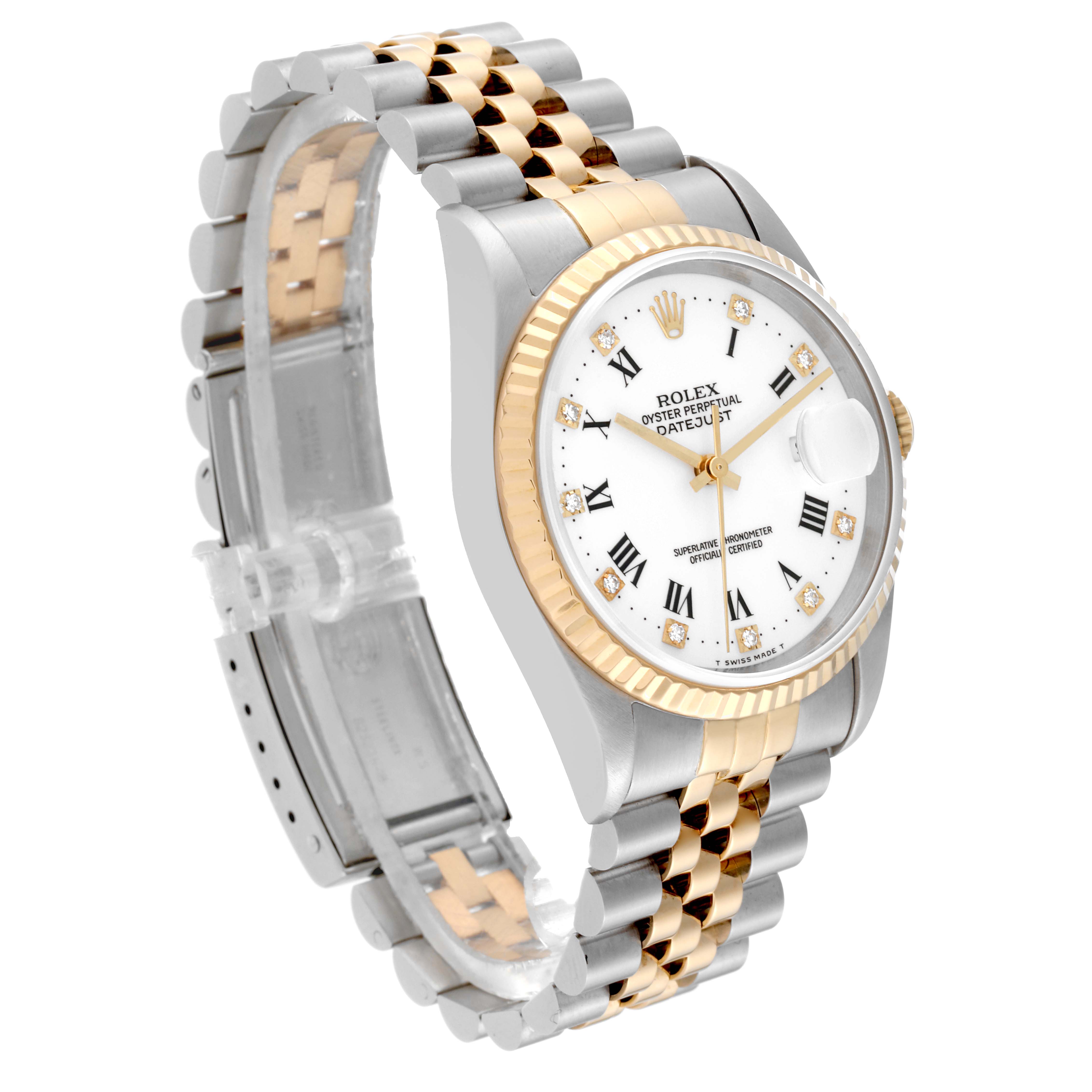 A Rolex Datejust 16233 Men's Steel and Gold (two tone) White Dial 16233 Men's Steel and Gold (two tone) White Dial watch angled slightly to the side, showing its two-tone bracelet, fluted bezel, and white dial with Roman numerals.
