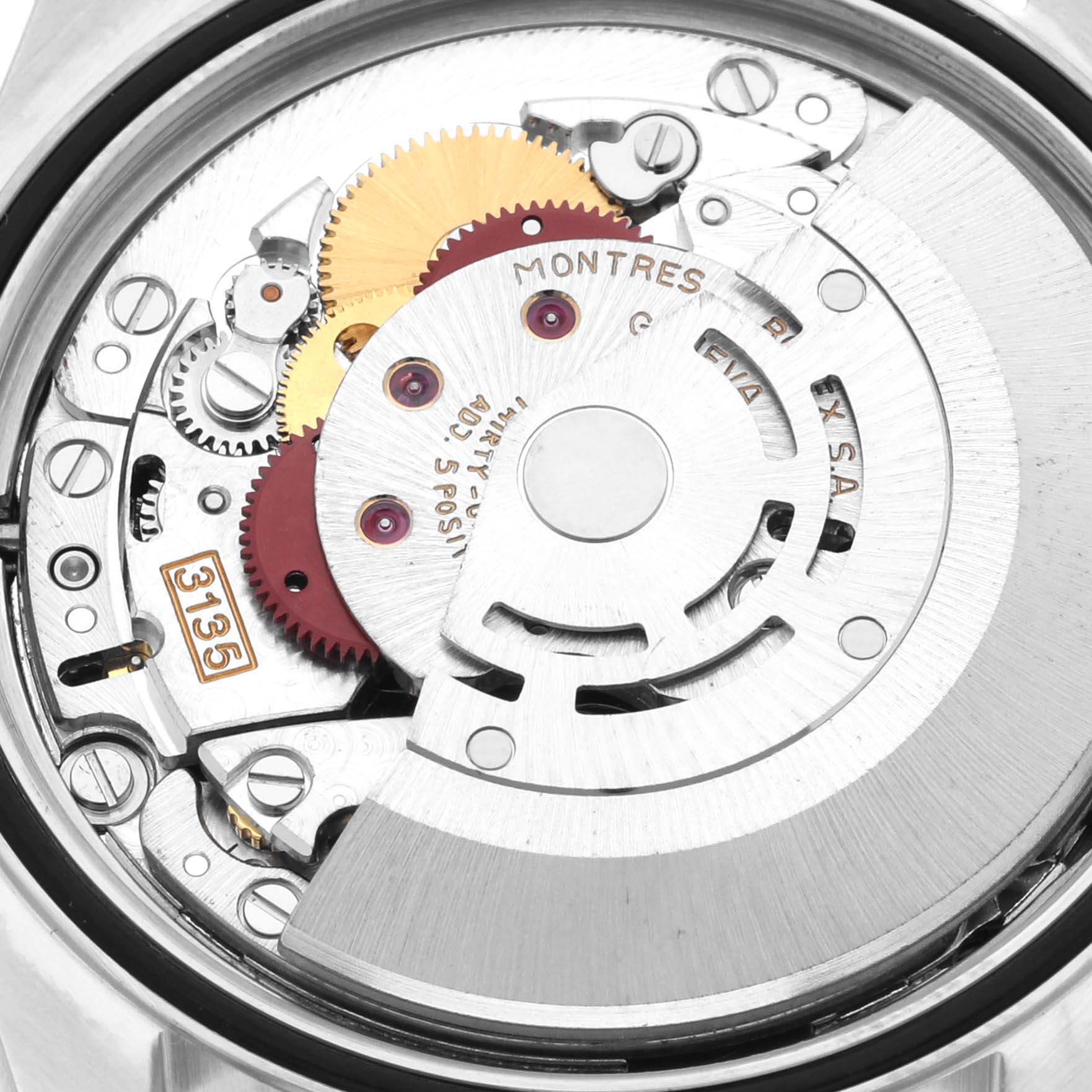 The image shows the internal mechanism and movement parts of a Rolex Datejust 16233 Men's Steel and Gold (two tone) White Dial 16233 Men's Steel and Gold (two tone) White Dial watch from a back angle.
