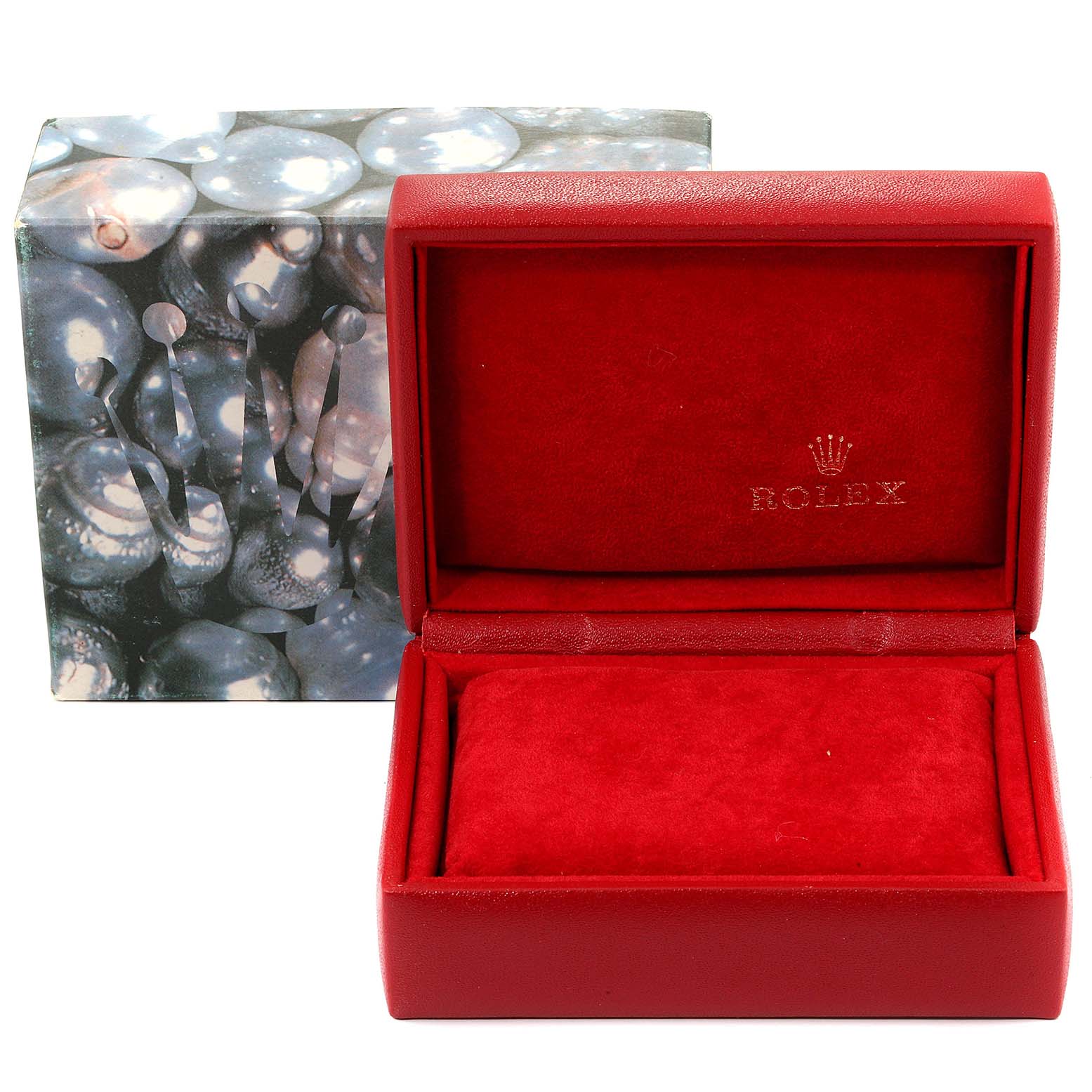 This is a red Rolex Datejust 79174 Women
s Stainless Steel Black Dial 79174 Women
s Stainless Steel Black Dial watch box with the Rolex logo inside and a decorative outer box.