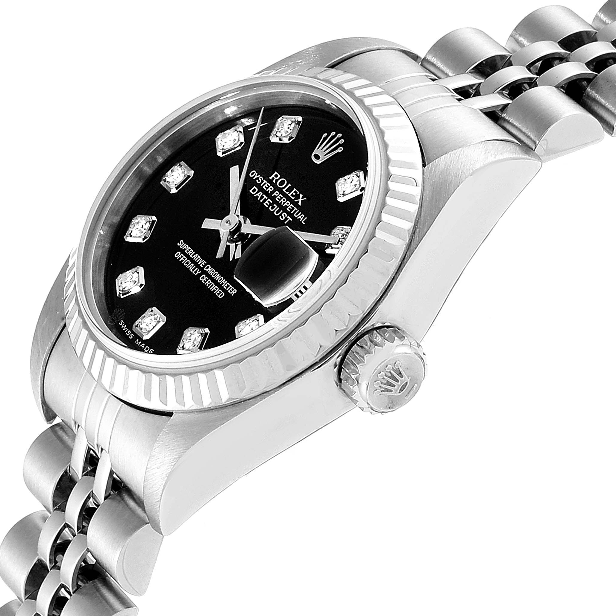 The image shows a side angle of a Rolex Datejust 79174 Women
s Stainless Steel Black Dial 79174 Women
s Stainless Steel Black Dial, highlighting the crown, bezel, dial, and part of the bracelet.