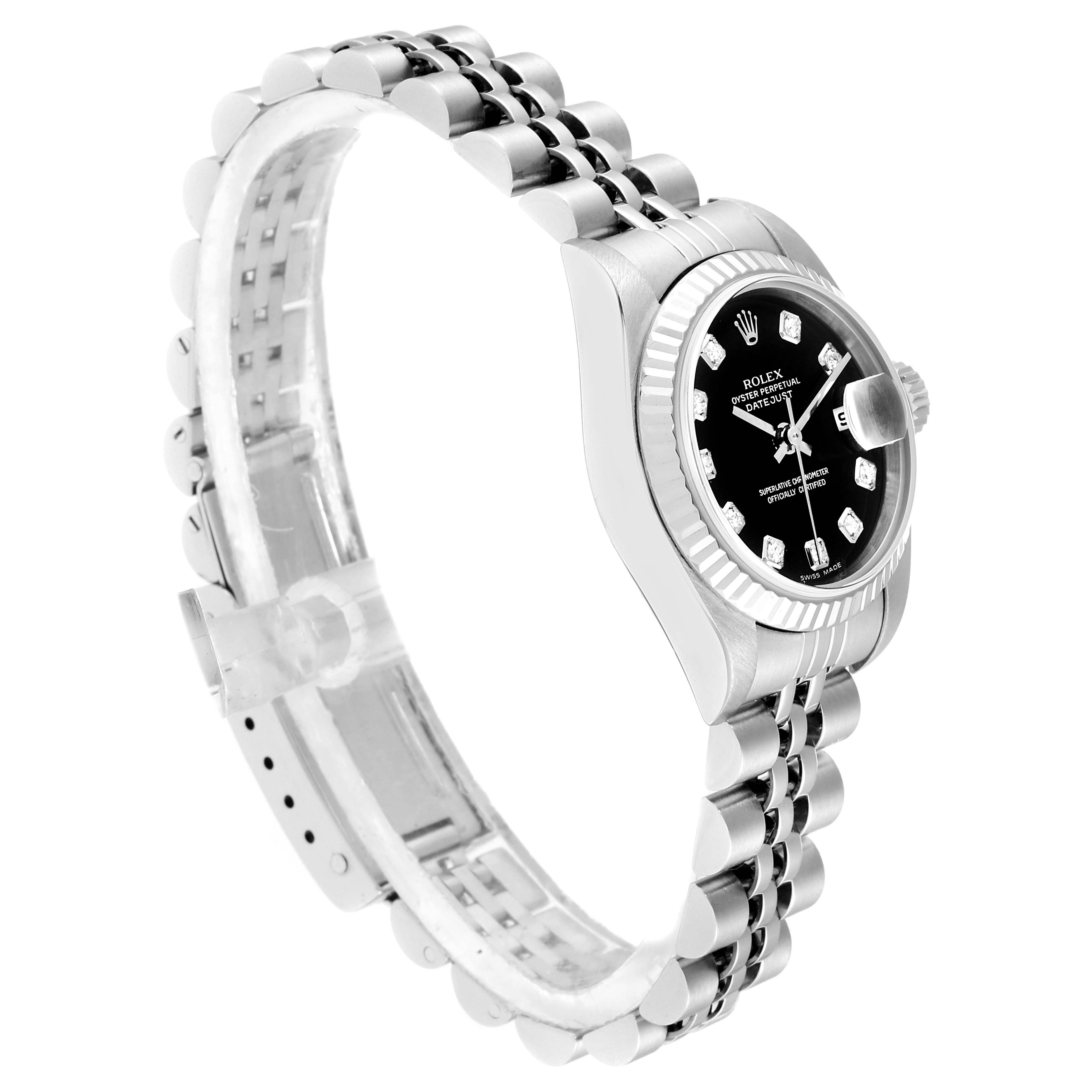 The image shows a side view of the Rolex Datejust 79174 Women
s Stainless Steel Black Dial 79174 Women
s Stainless Steel Black Dial watch, highlighting the bracelet, bezel, and partially the dial.