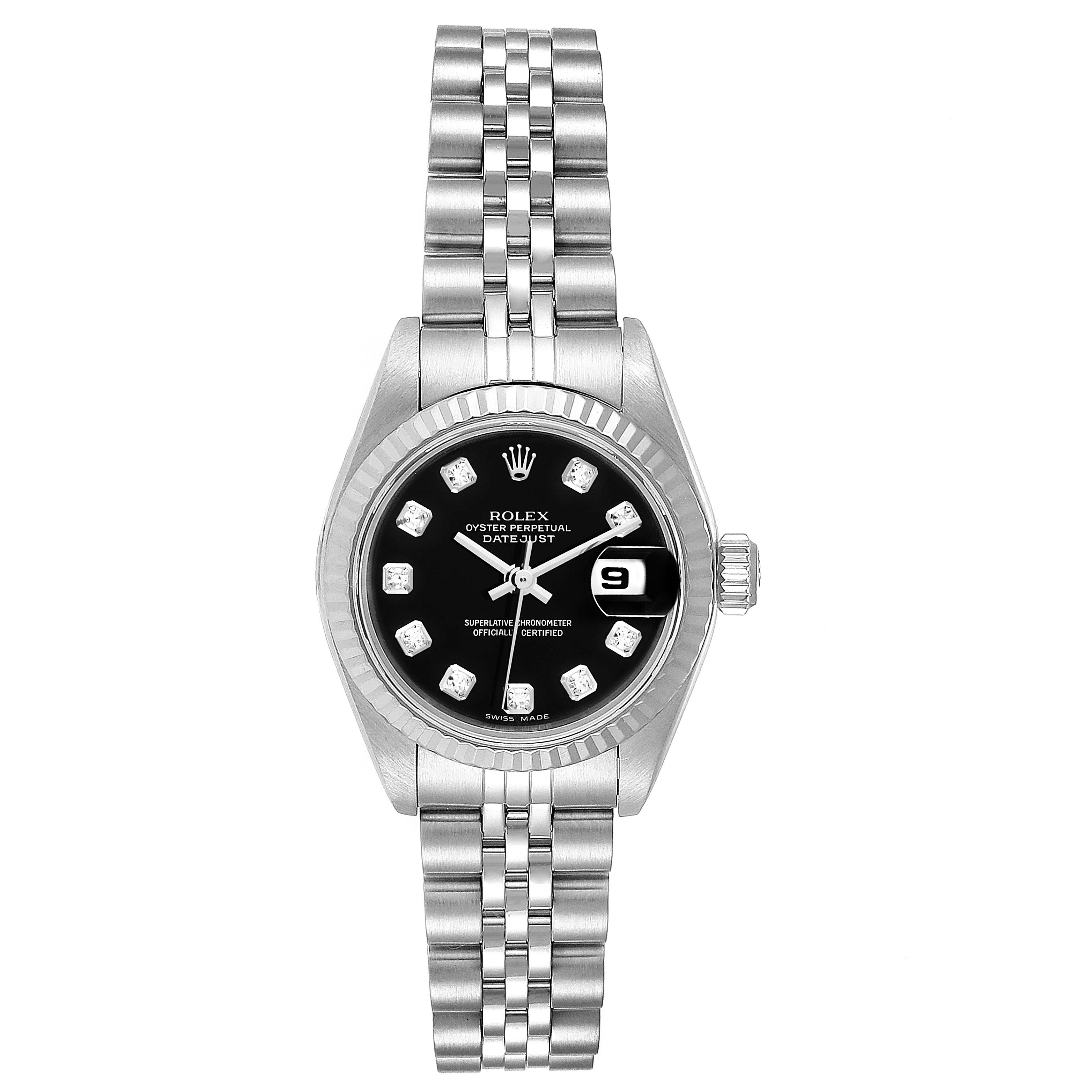 The Rolex Datejust 79174 Women
s Stainless Steel Black Dial 79174 Women
s Stainless Steel Black Dial watch is shown from a front angle, displaying the face, bezel, bracelet, and crown.