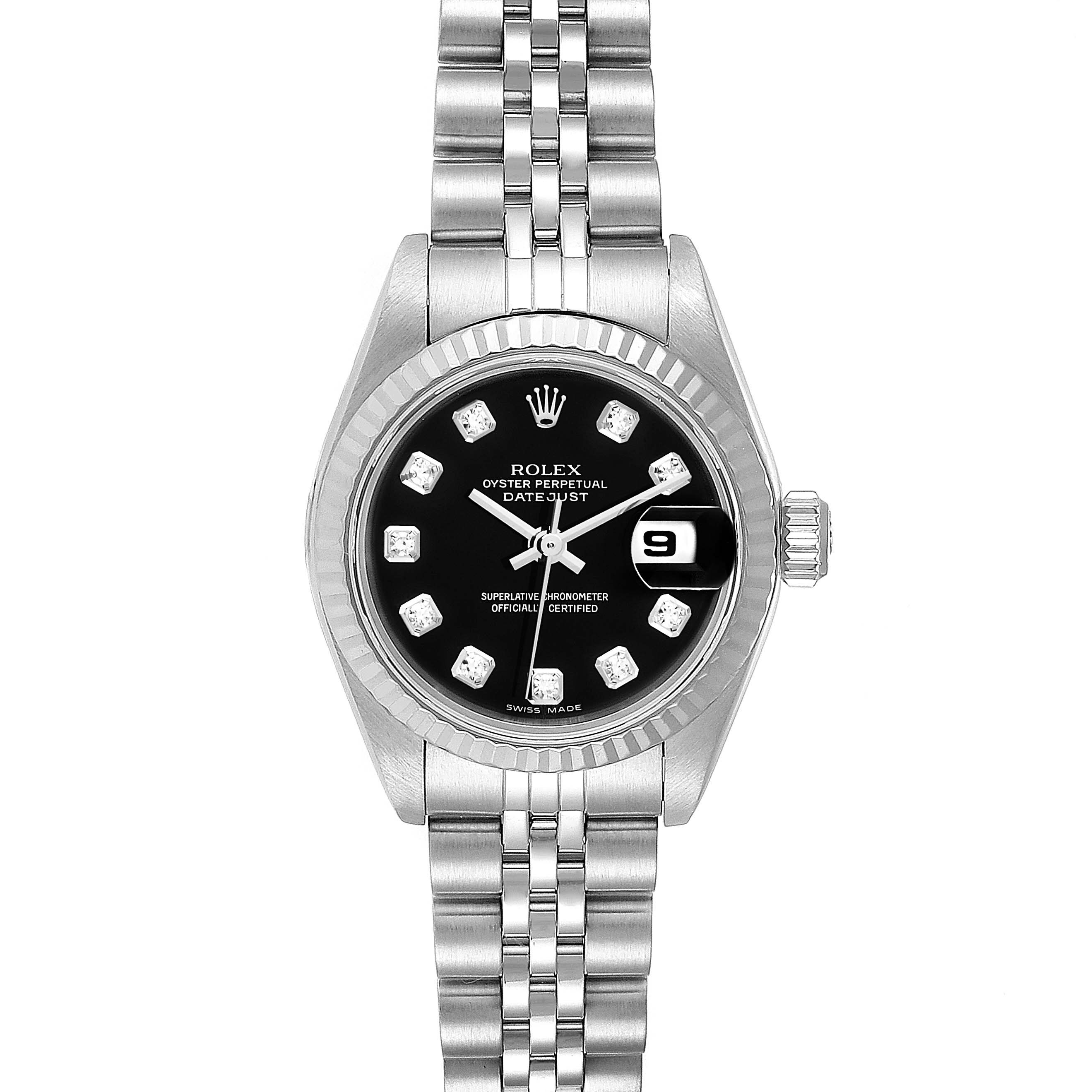 This image shows a front view of the Rolex Datejust 79174 Women
s Stainless Steel Black Dial 79174 Women
s Stainless Steel Black Dial watch with a black dial, diamond hour markers, and a stainless steel bracelet and bezel.