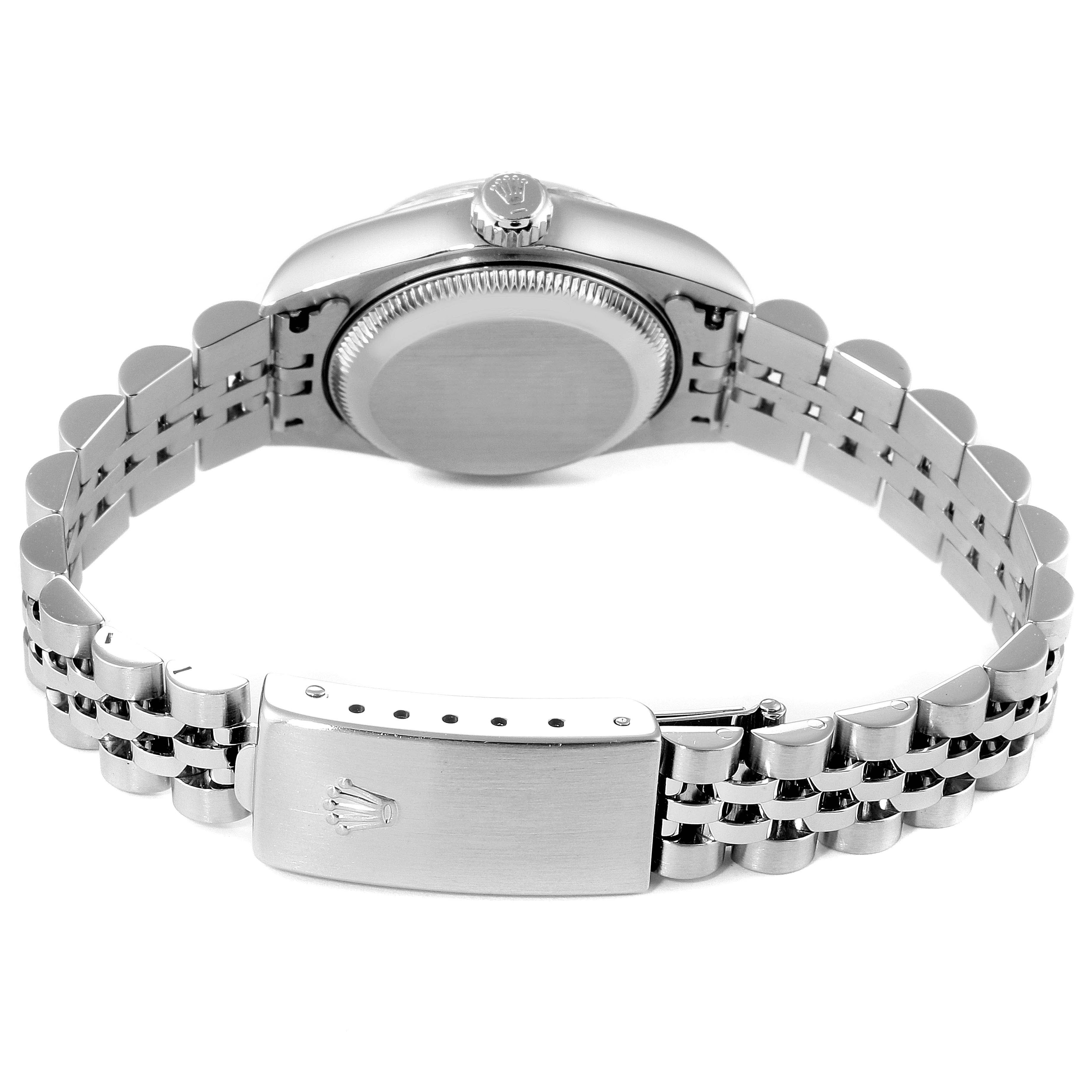 The image shows the back view of a Rolex Datejust 79174 Women
s Stainless Steel Black Dial 79174 Women
s Stainless Steel Black Dial watch, highlighting the bracelet and clasp.