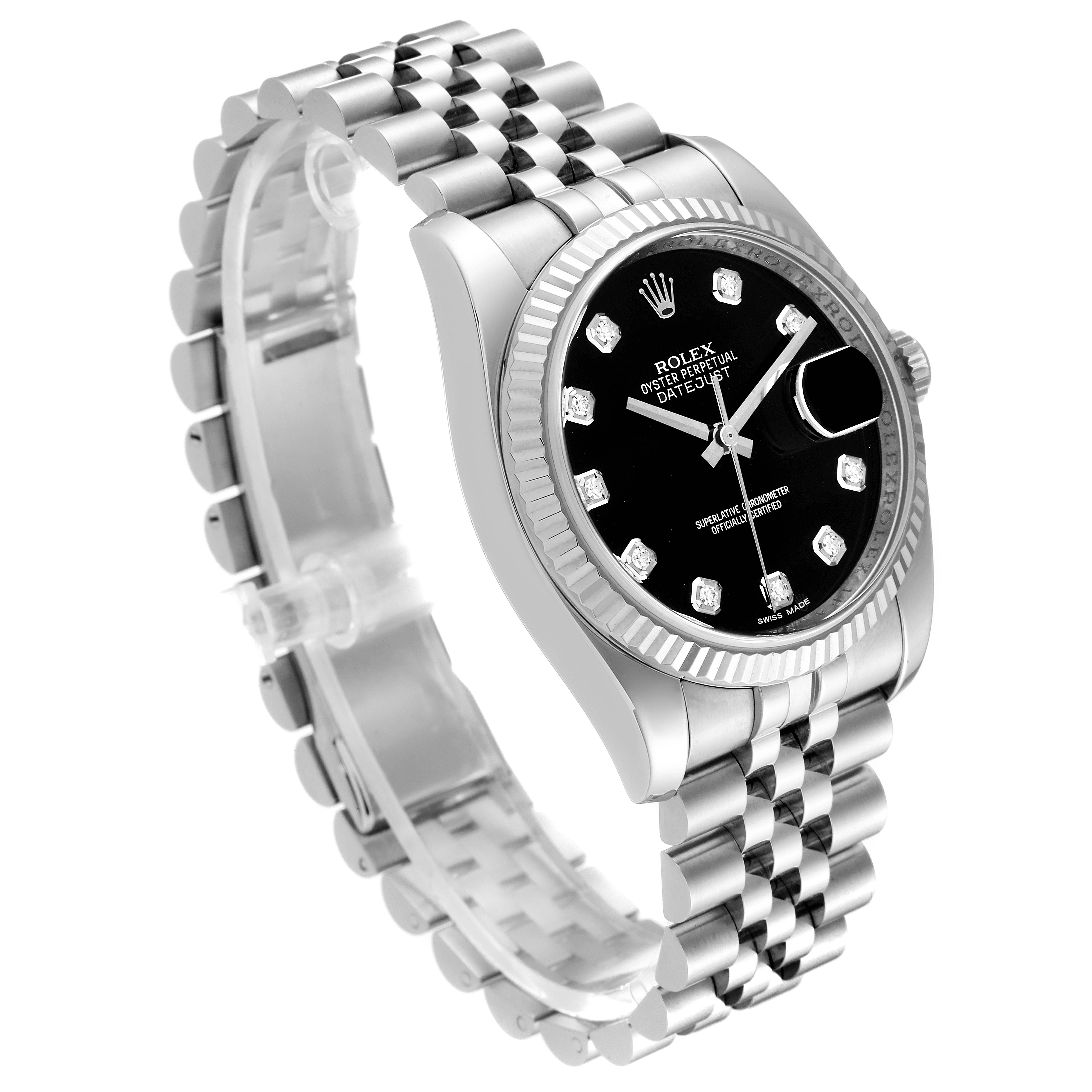 This image shows a Rolex Datejust 116234 Men's Stainless Steel Black Dial 116234 Men's Stainless Steel Black Dial watch, viewed from a front angle, highlighting its black dial, fluted bezel, and Jubilee bracelet.