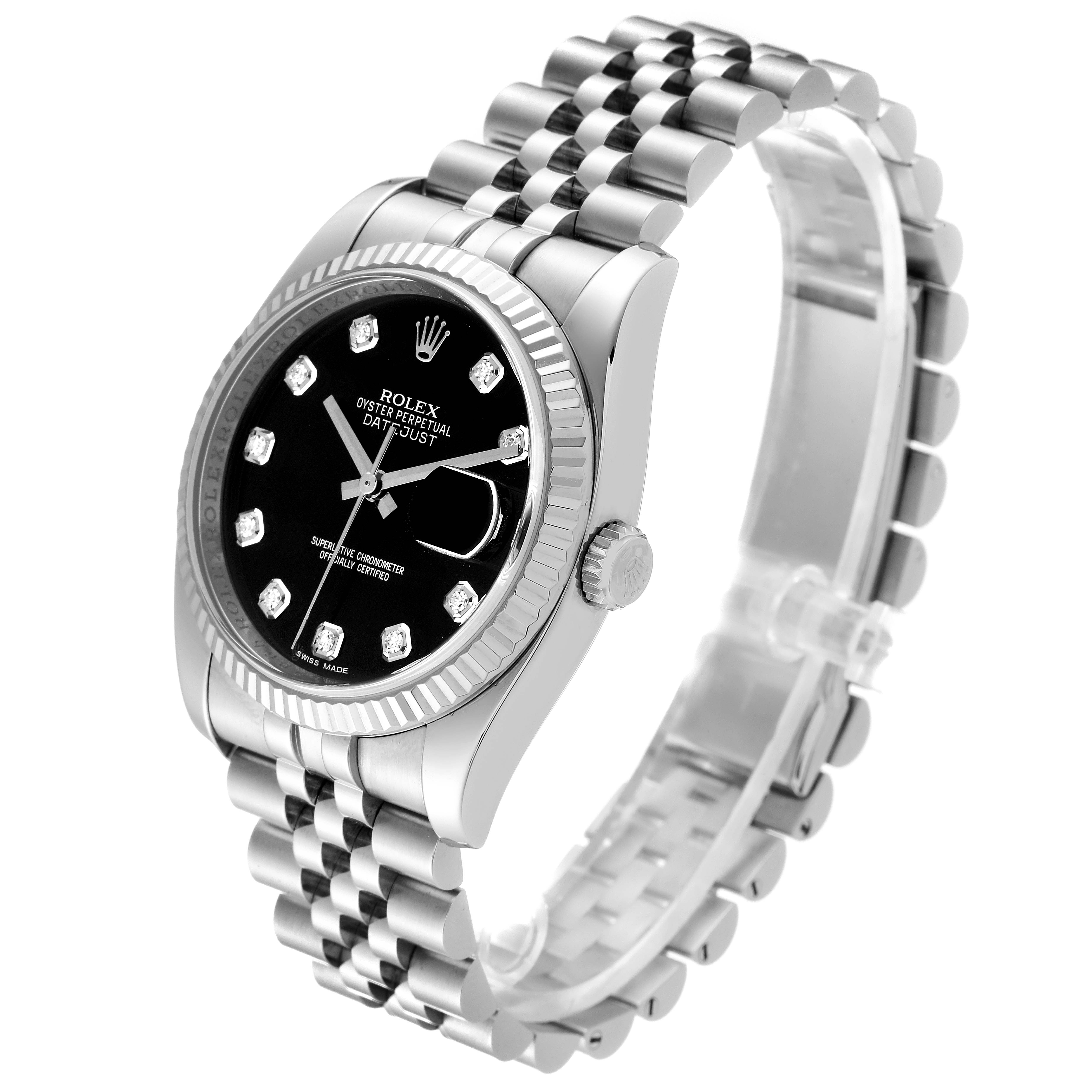 This image shows a Rolex Datejust 116234 Men's Stainless Steel Black Dial 116234 Men's Stainless Steel Black Dial watch at an angled view highlighting its face, bezel, and bracelet.