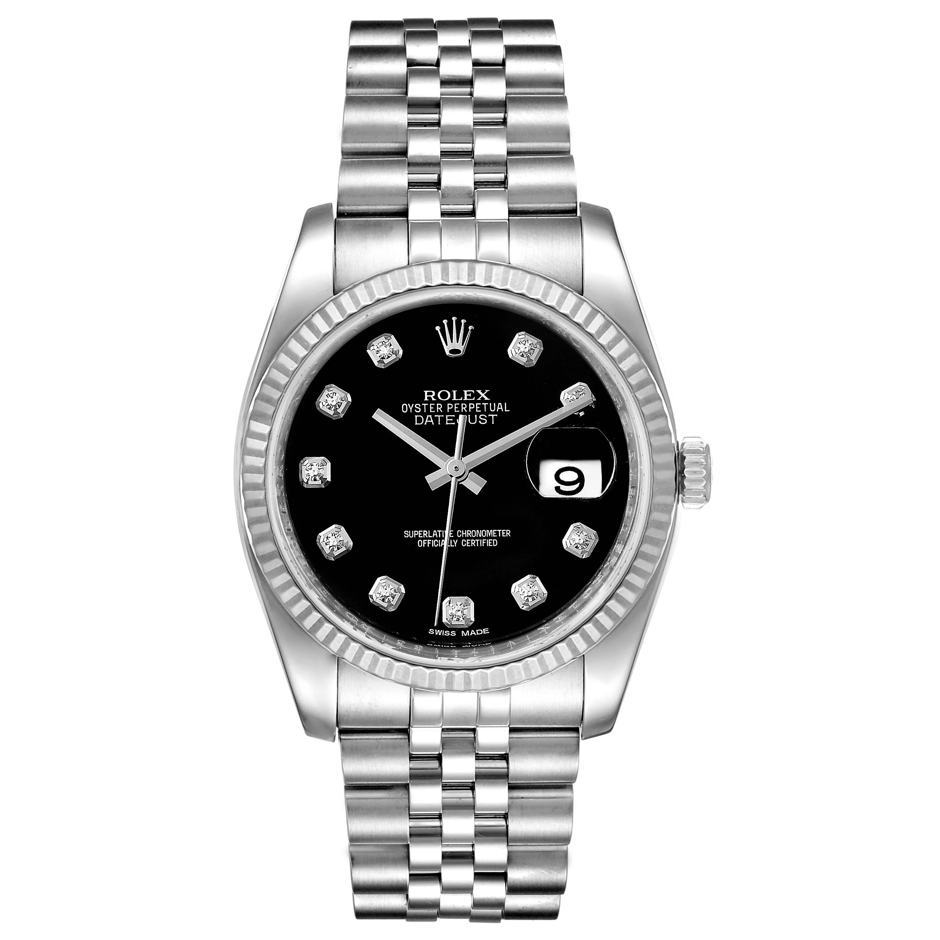 The image shows a front view of the Rolex Datejust 116234 Men's Stainless Steel Black Dial 116234 Men's Stainless Steel Black Dial watch, displaying its face, bezel, bracelet, and crown.