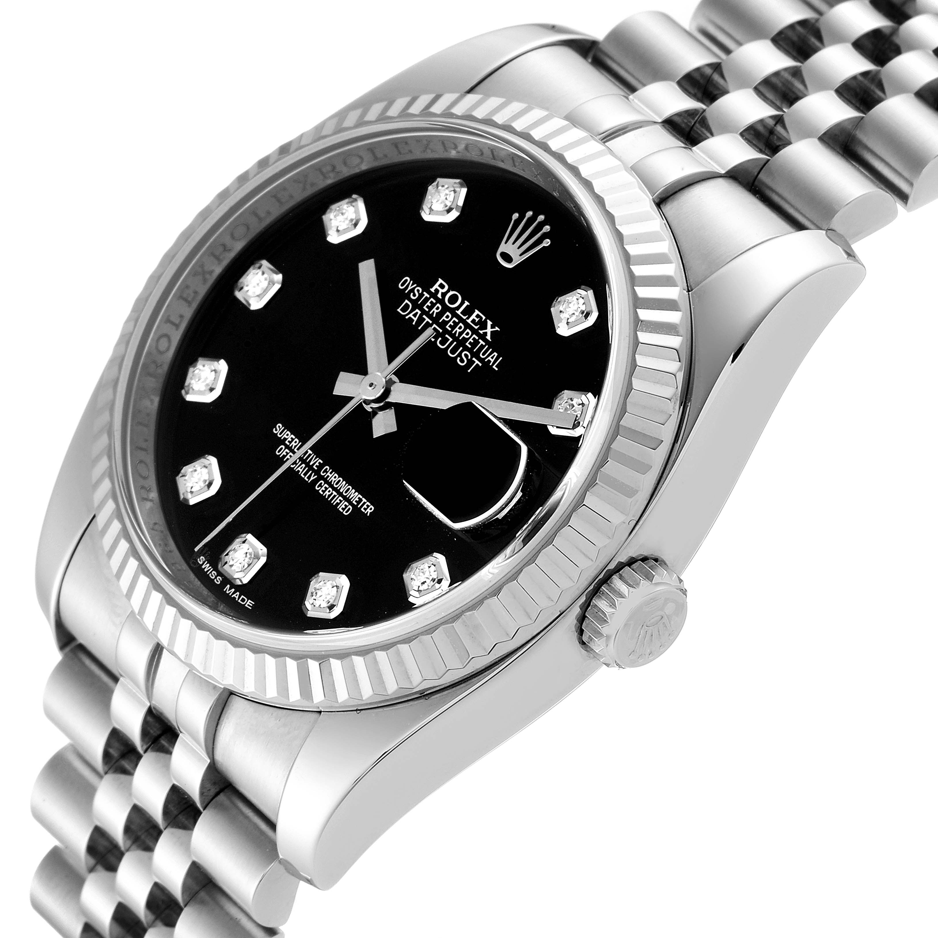 The image shows a profile and partial frontal view of the Rolex Datejust 116234 Men's Stainless Steel Black Dial 116234 Men's Stainless Steel Black Dial watch, highlighting the bracelet, bezel, dial, and crown.