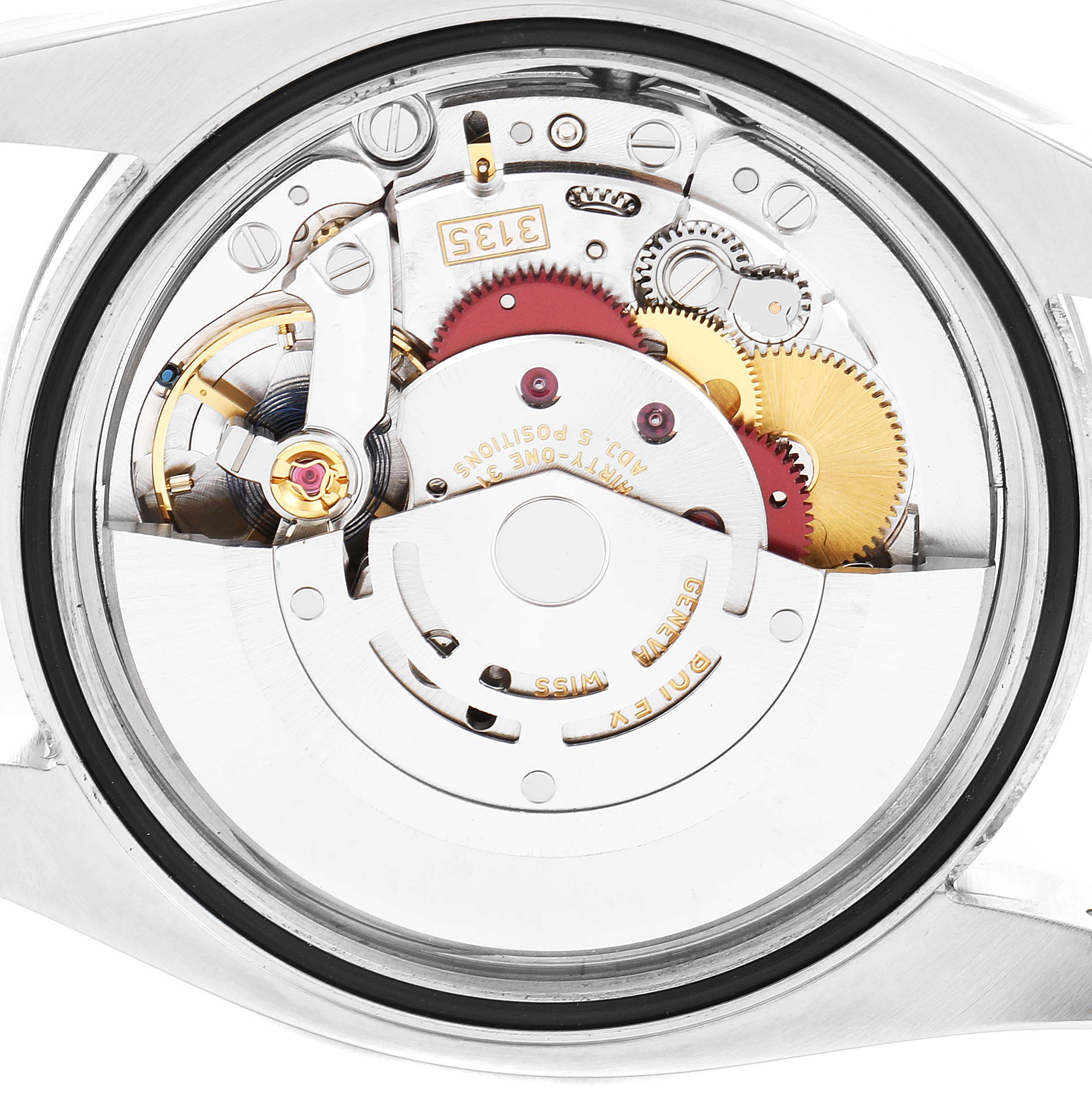 This image shows the inner mechanism and movement parts of a Rolex Datejust 116234 Men's Stainless Steel Black Dial 116234 Men's Stainless Steel Black Dial watch, viewed from the back.