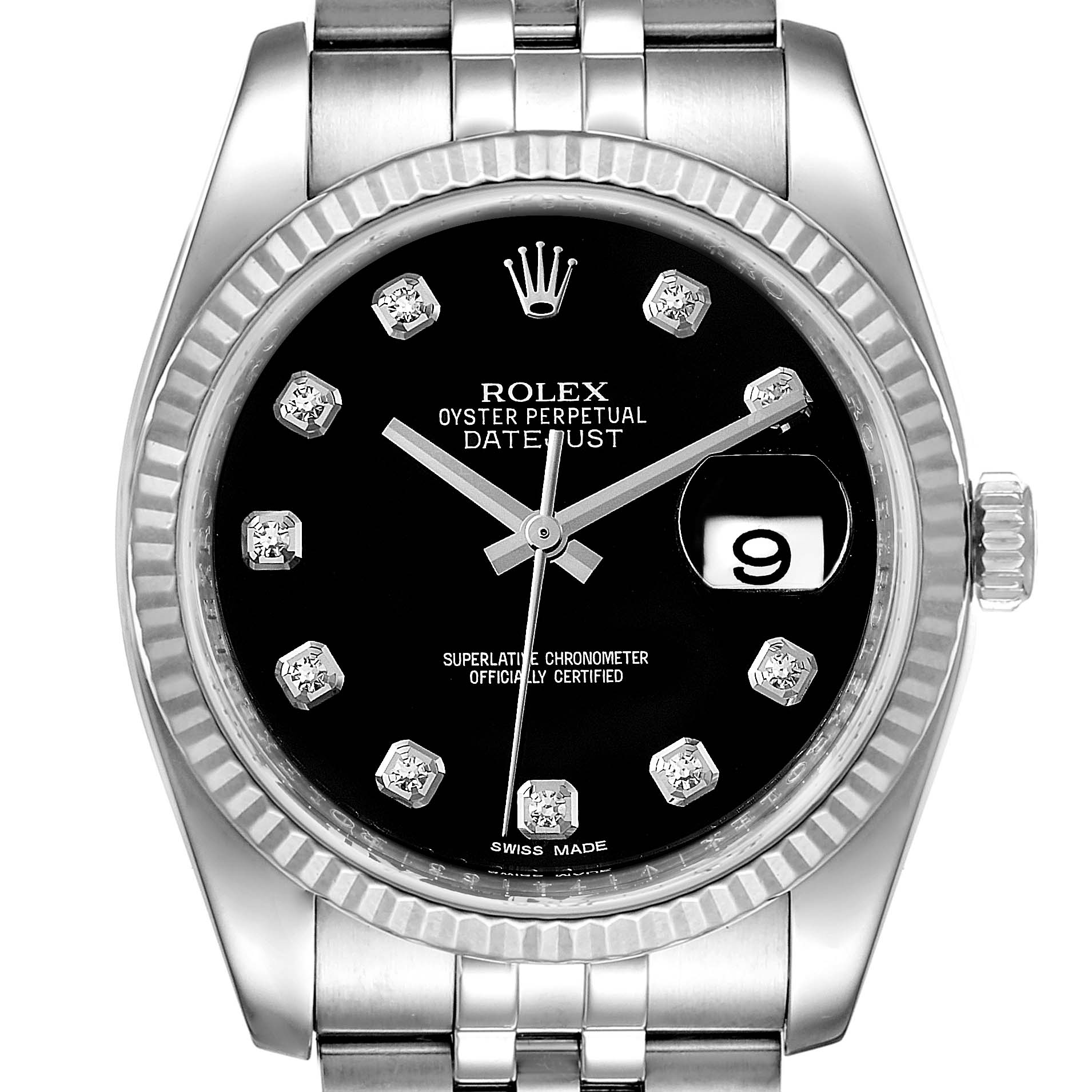 The image shows the front view of a Rolex Datejust 116234 Men's Stainless Steel Black Dial 116234 Men's Stainless Steel Black Dial watch, displaying its dial, bezel, crown, and part of the bracelet.