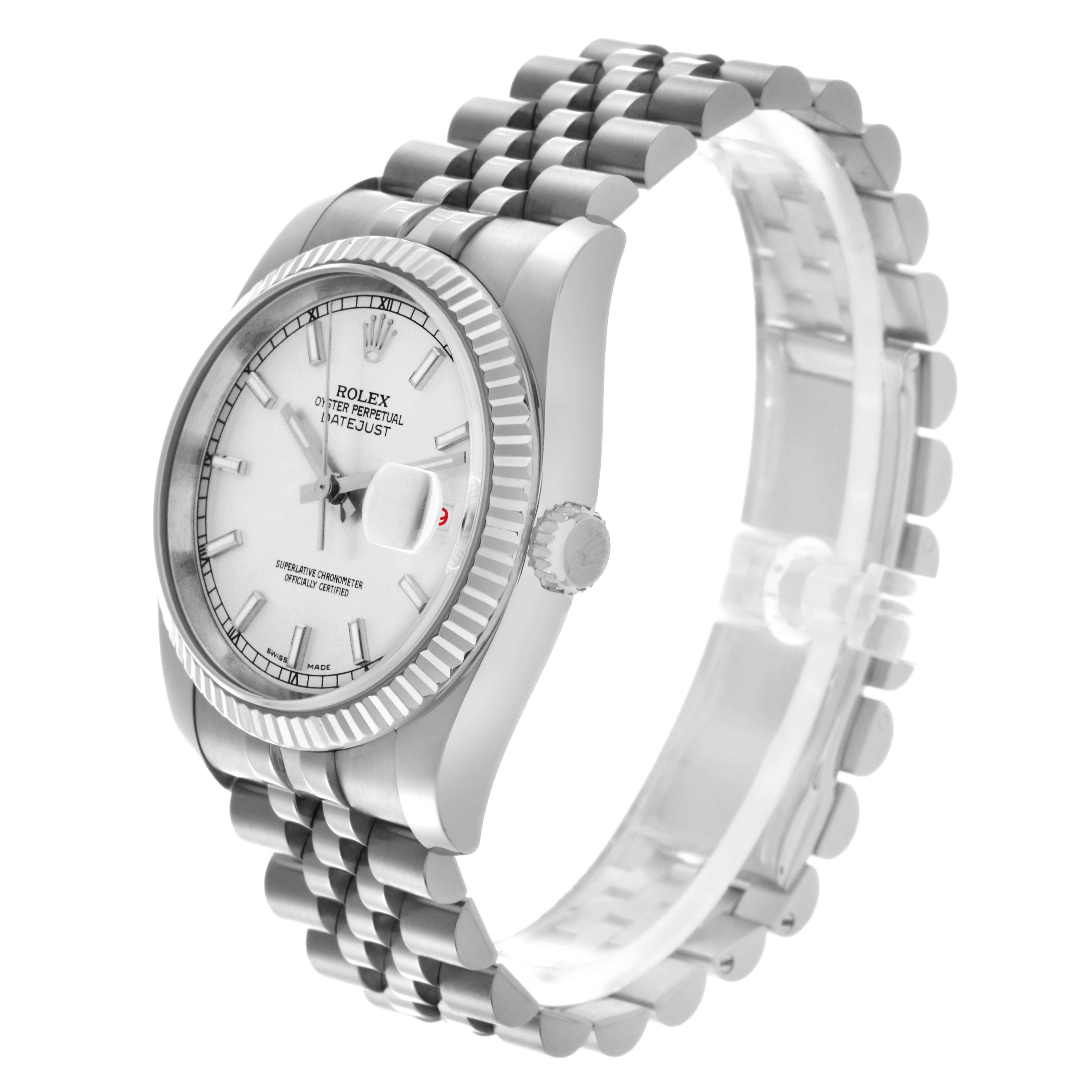 The Rolex Datejust 116234 Men's Stainless Steel Silver Dial 116234 Men's Stainless Steel Silver Dial watch is shown at a three-quarter angle, highlighting the face, bezel, crown, and bracelet.