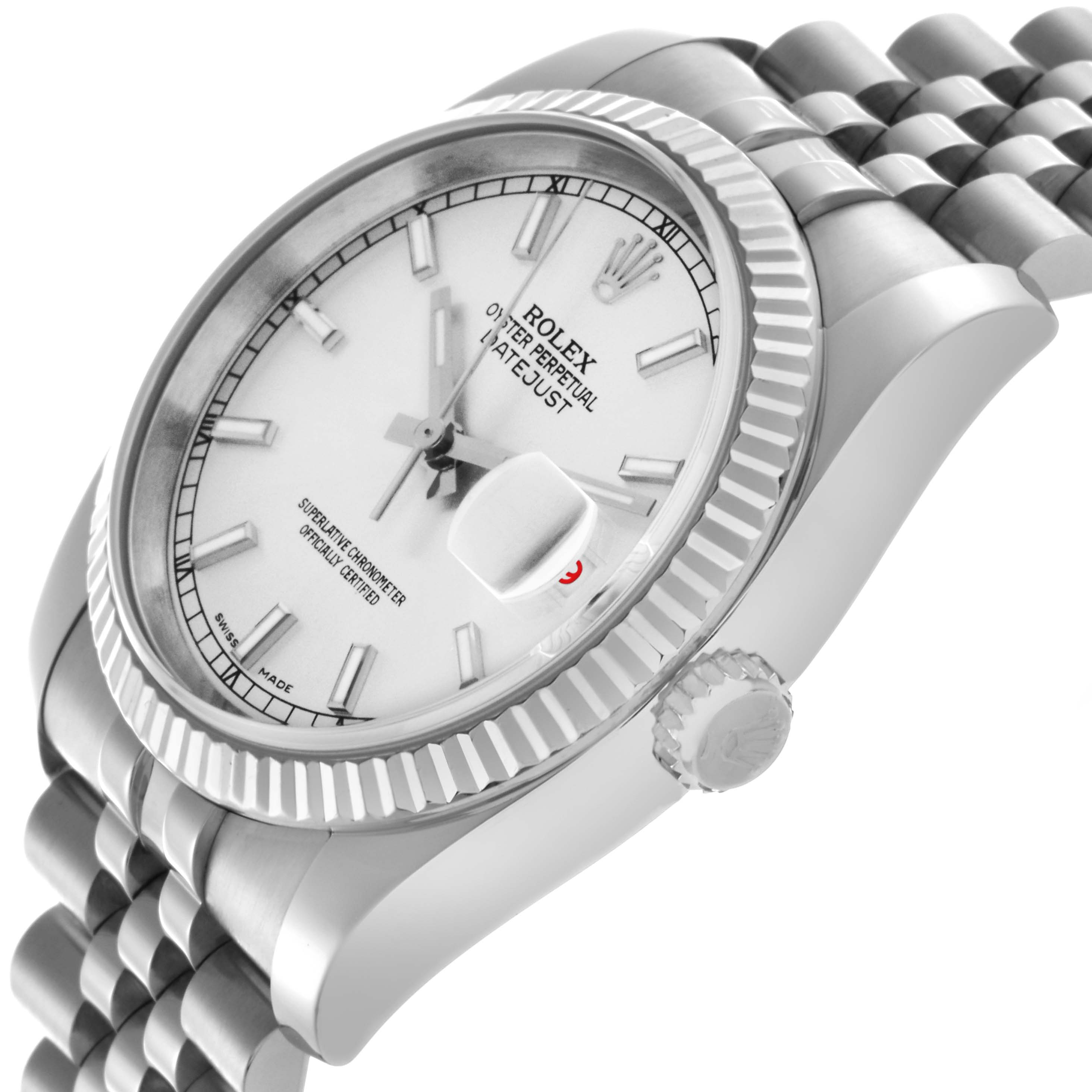 The Rolex Datejust 116234 Men's Stainless Steel Silver Dial 116234 Men's Stainless Steel Silver Dial watch is shown at a tilted angle, displaying the face, bezel, crown, and part of the bracelet.