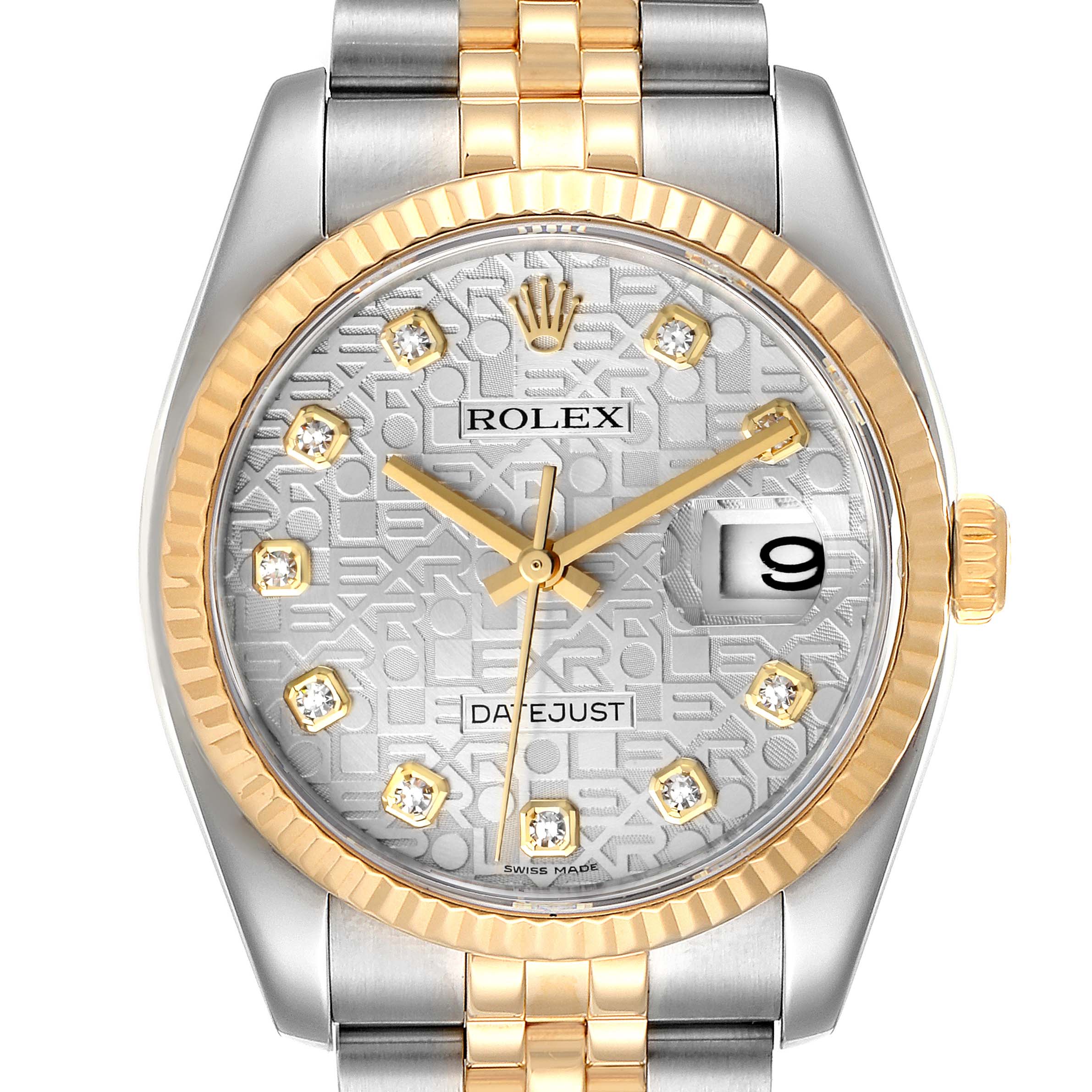 The image displays a front view of a Rolex Datejust 116233 Men's Steel and Gold (two tone) Silver Dial 116233 Men's Steel and Gold (two tone) Silver Dial watch, highlighting the dial, bezel, and part of the bracelet.