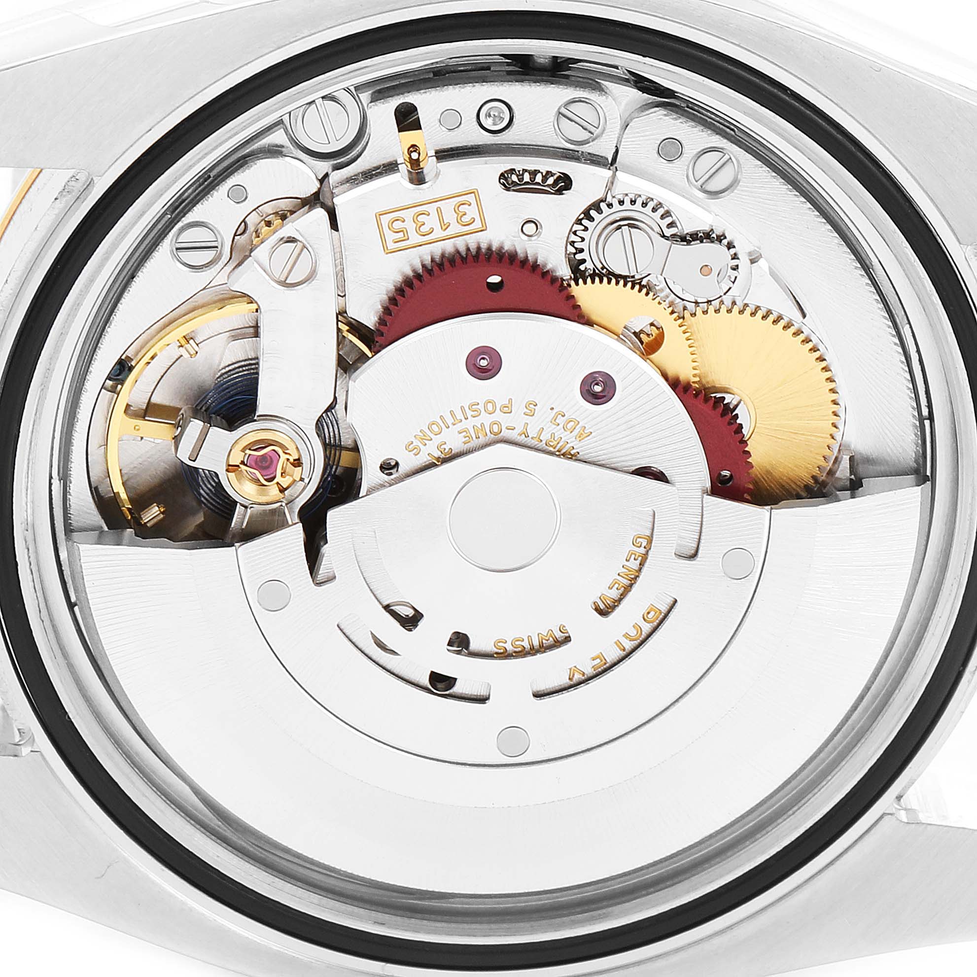 This image shows a close-up view of the movement mechanism of a Rolex Datejust 116233 Men's Steel and Gold (two tone) Silver Dial 116233 Men's Steel and Gold (two tone) Silver Dial watch.