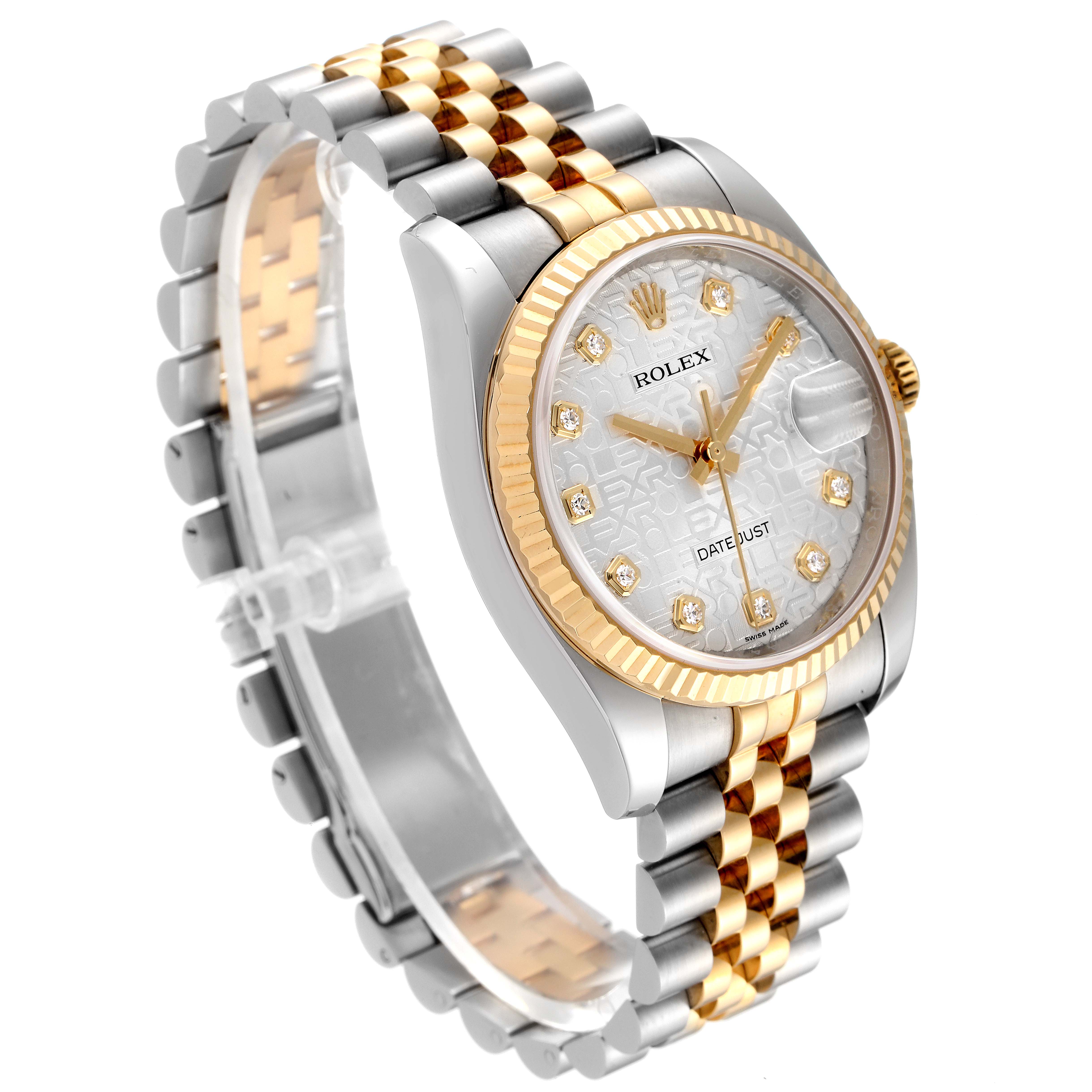 The image features a Rolex Datejust 116233 Men's Steel and Gold (two tone) Silver Dial 116233 Men's Steel and Gold (two tone) Silver Dial watch angled to display its face, bezel, and jubilee bracelet.