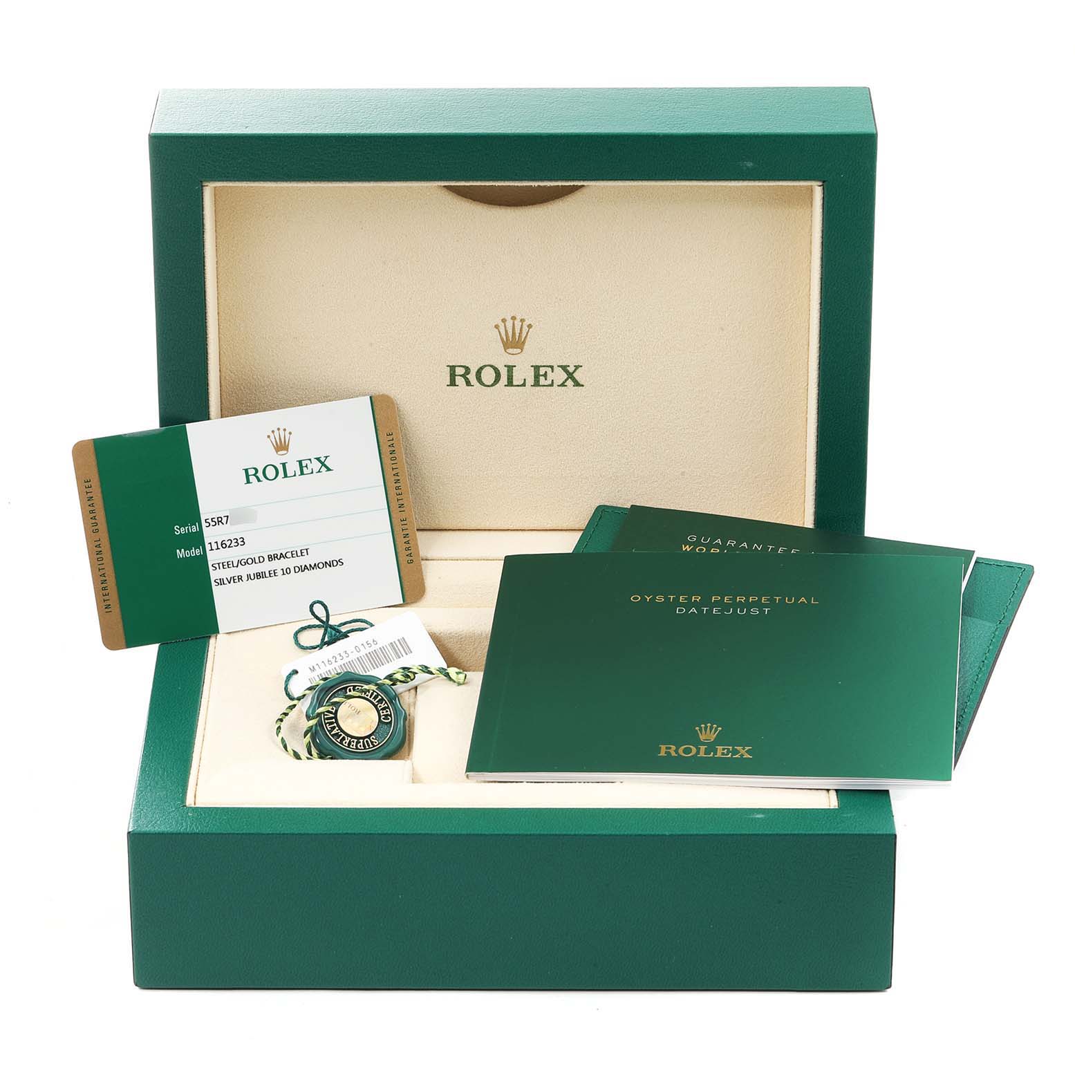 The image shows a Rolex Datejust 116233 Men's Steel and Gold (two tone) Silver Dial 116233 Men's Steel and Gold (two tone) Silver Dial model box with an authenticity card, booklets, and tags from a top-down angle.