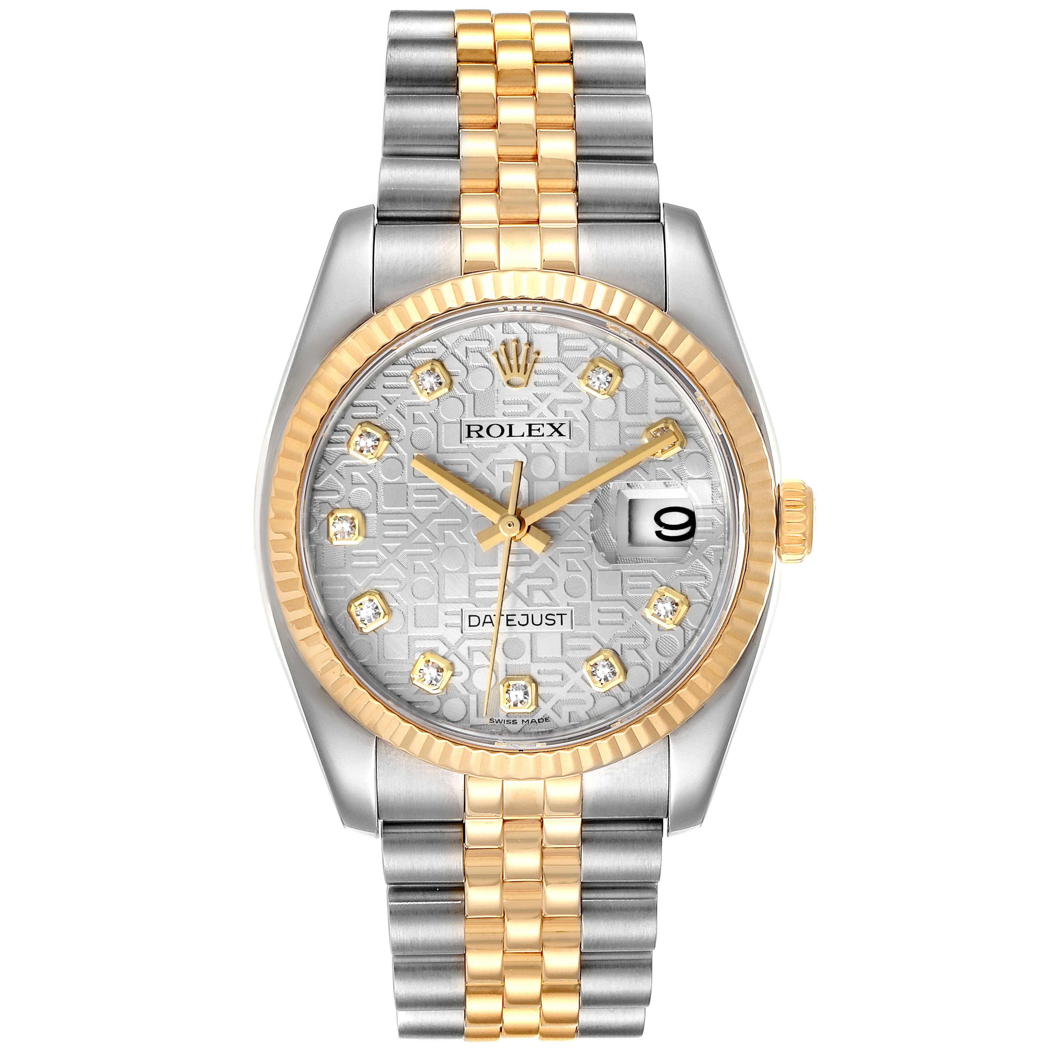 The image shows a front view of a Rolex Datejust 116233 Men's Steel and Gold (two tone) Silver Dial 116233 Men's Steel and Gold (two tone) Silver Dial watch, featuring a jubilee bracelet with gold accents and a date display.