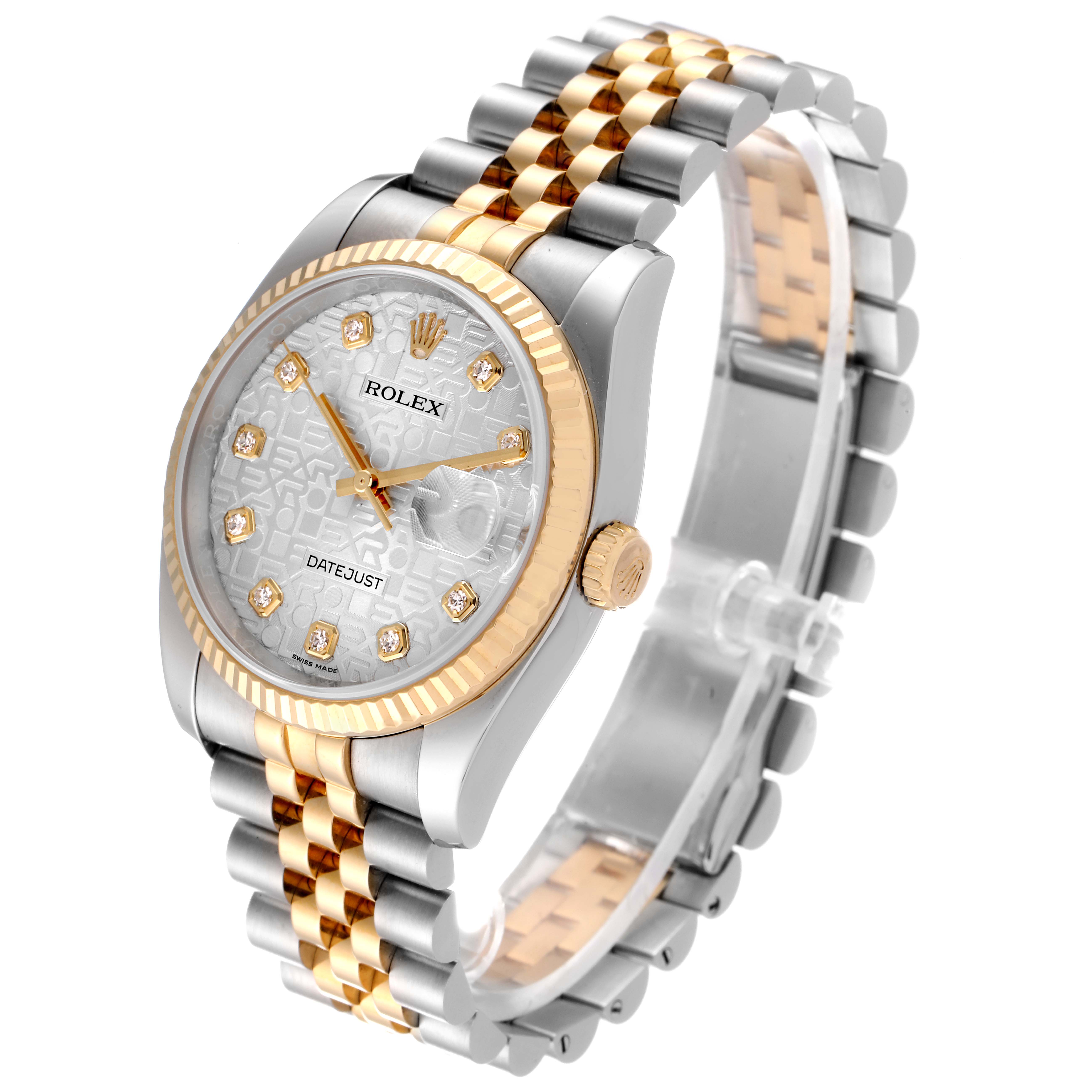 The image shows a Rolex Datejust 116233 Men's Steel and Gold (two tone) Silver Dial 116233 Men's Steel and Gold (two tone) Silver Dial watch at a slight angle, highlighting the face, bezel, and two-tone bracelet.
