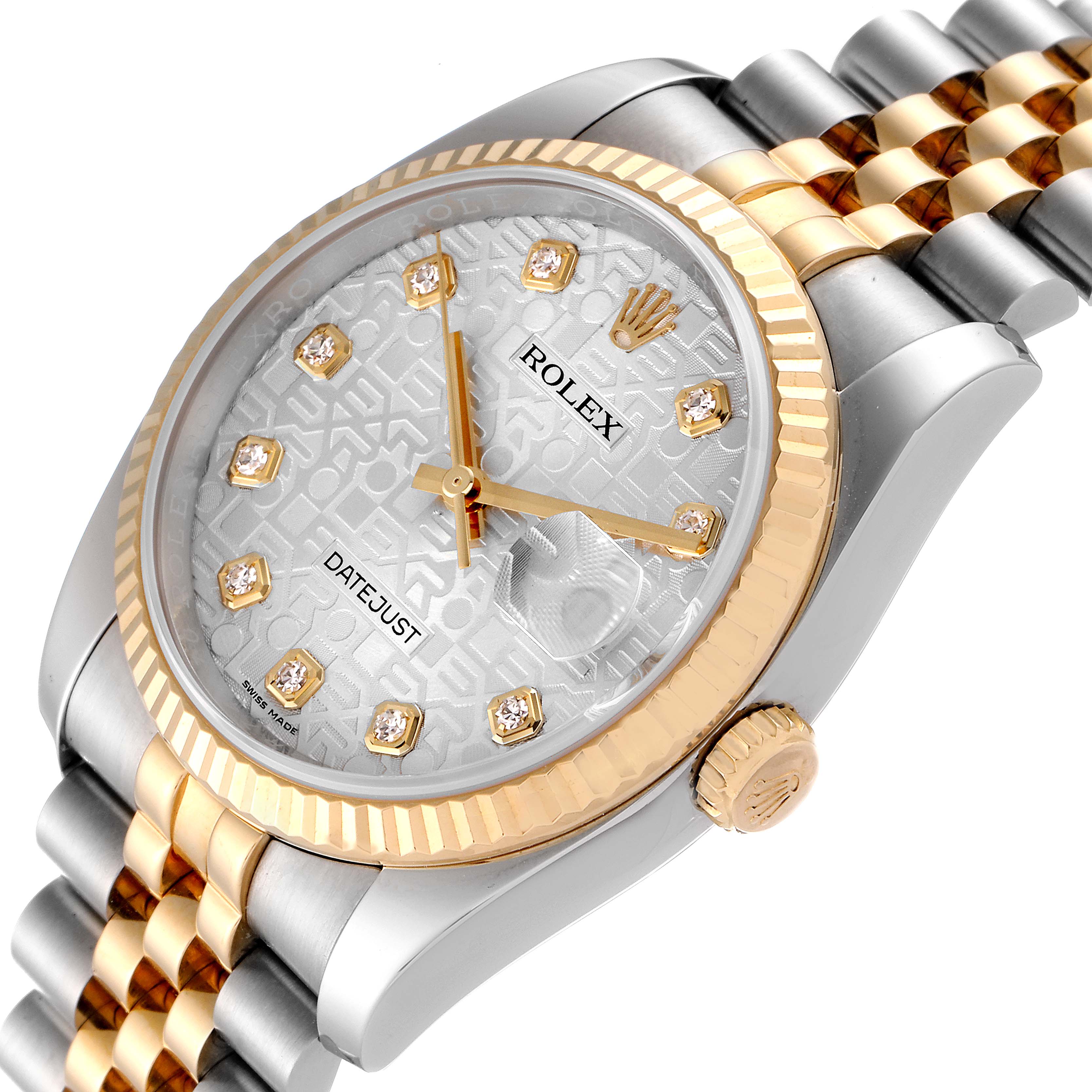 This image shows the Rolex Datejust 116233 Men's Steel and Gold (two tone) Silver Dial 116233 Men's Steel and Gold (two tone) Silver Dial watch from an angled side view, highlighting the dial, bezel, crown, and bracelet.