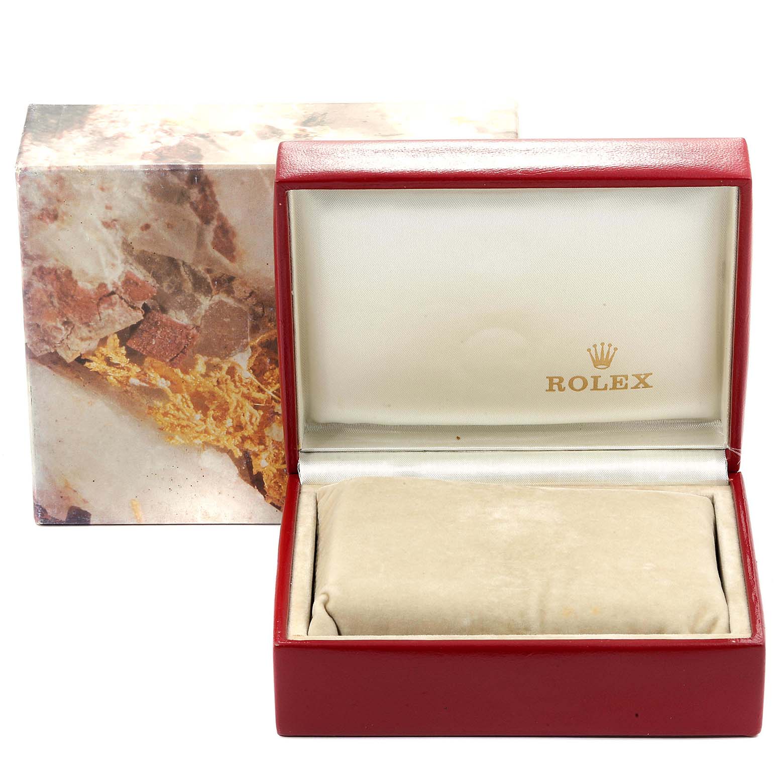 The image shows an open Rolex Datejust 69173 Women's Steel and Gold (two tone) Champagne Dial 69173 Women's Steel and Gold (two tone) Champagne Dial model watch box with a cushion inside, and the outer packaging in the background.