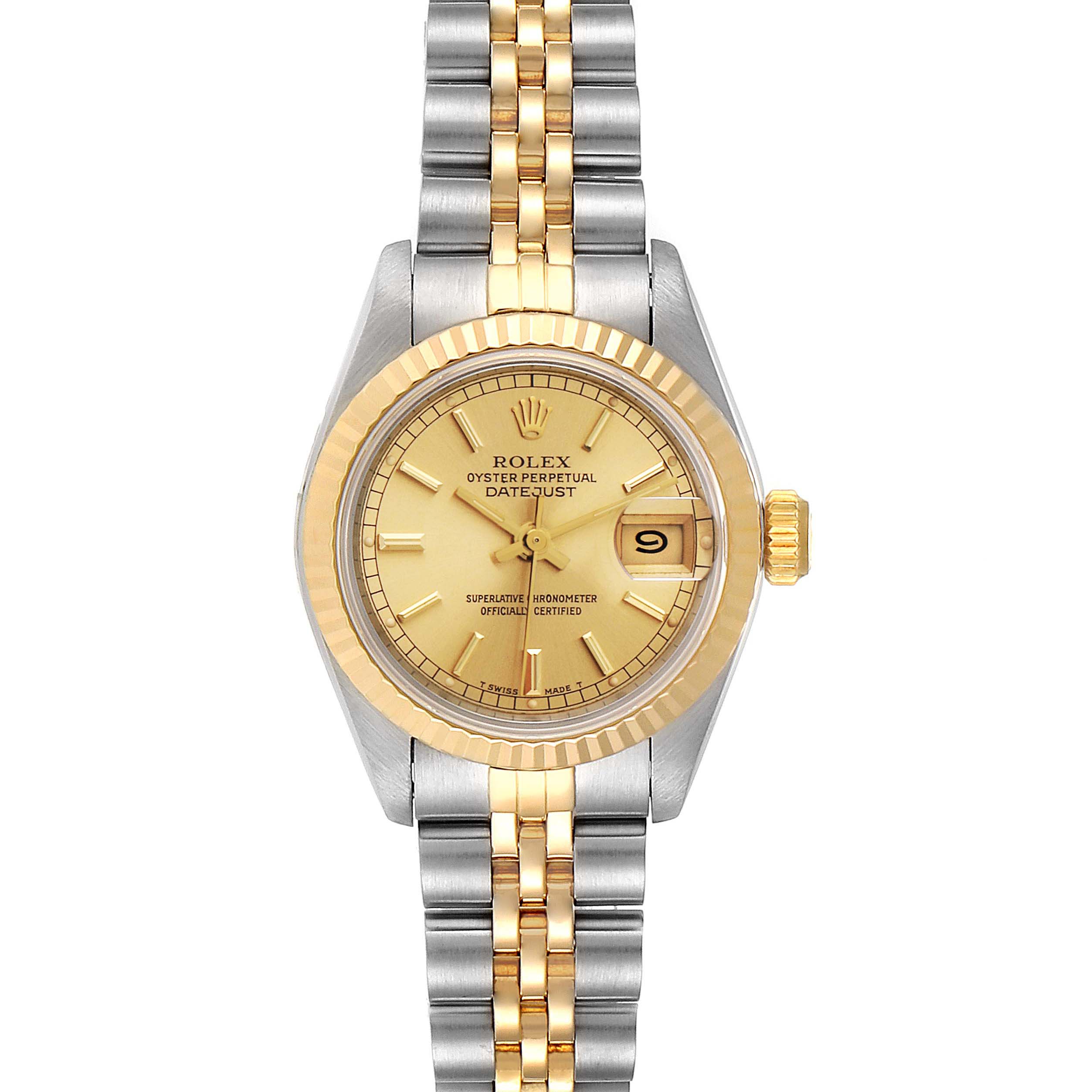 This image shows a Rolex Datejust 69173 Women's Steel and Gold (two tone) Champagne Dial 69173 Women's Steel and Gold (two tone) Champagne Dial watch from a top-down angle, displaying the dial, bezel, and bracelet.
