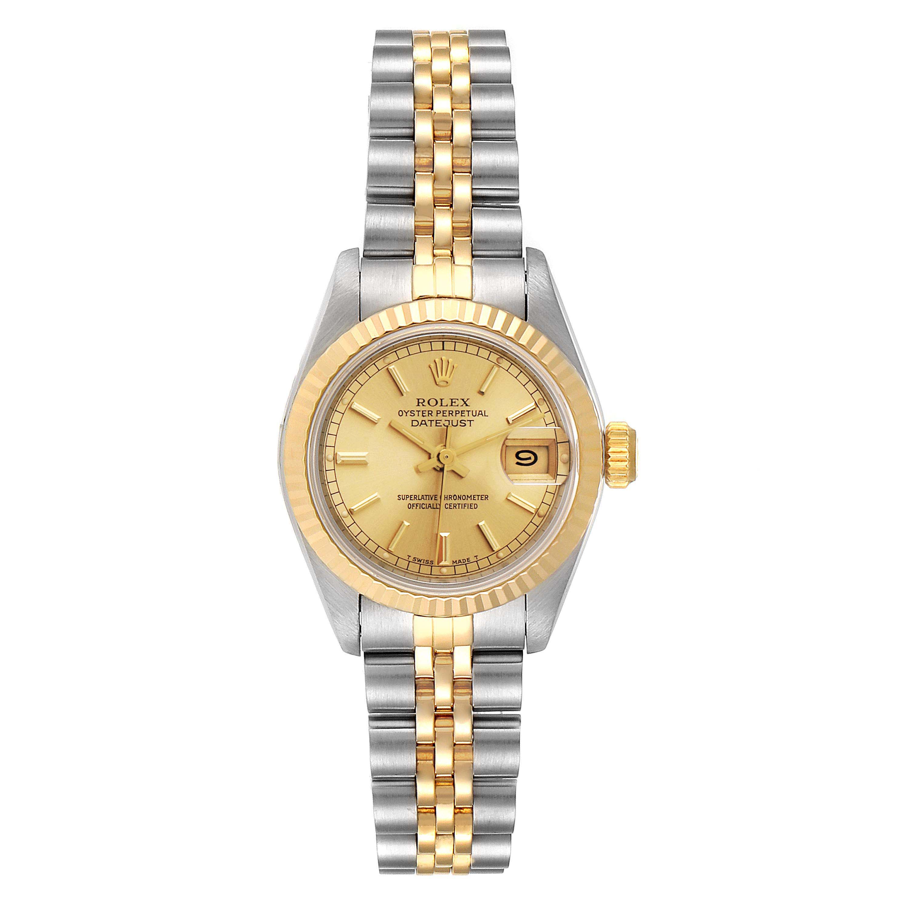 The Rolex Datejust 69173 Women's Steel and Gold (two tone) Champagne Dial 69173 Women's Steel and Gold (two tone) Champagne Dial watch is shown from a top-down angle, displaying the face, bezel, and two-tone bracelet clearly.