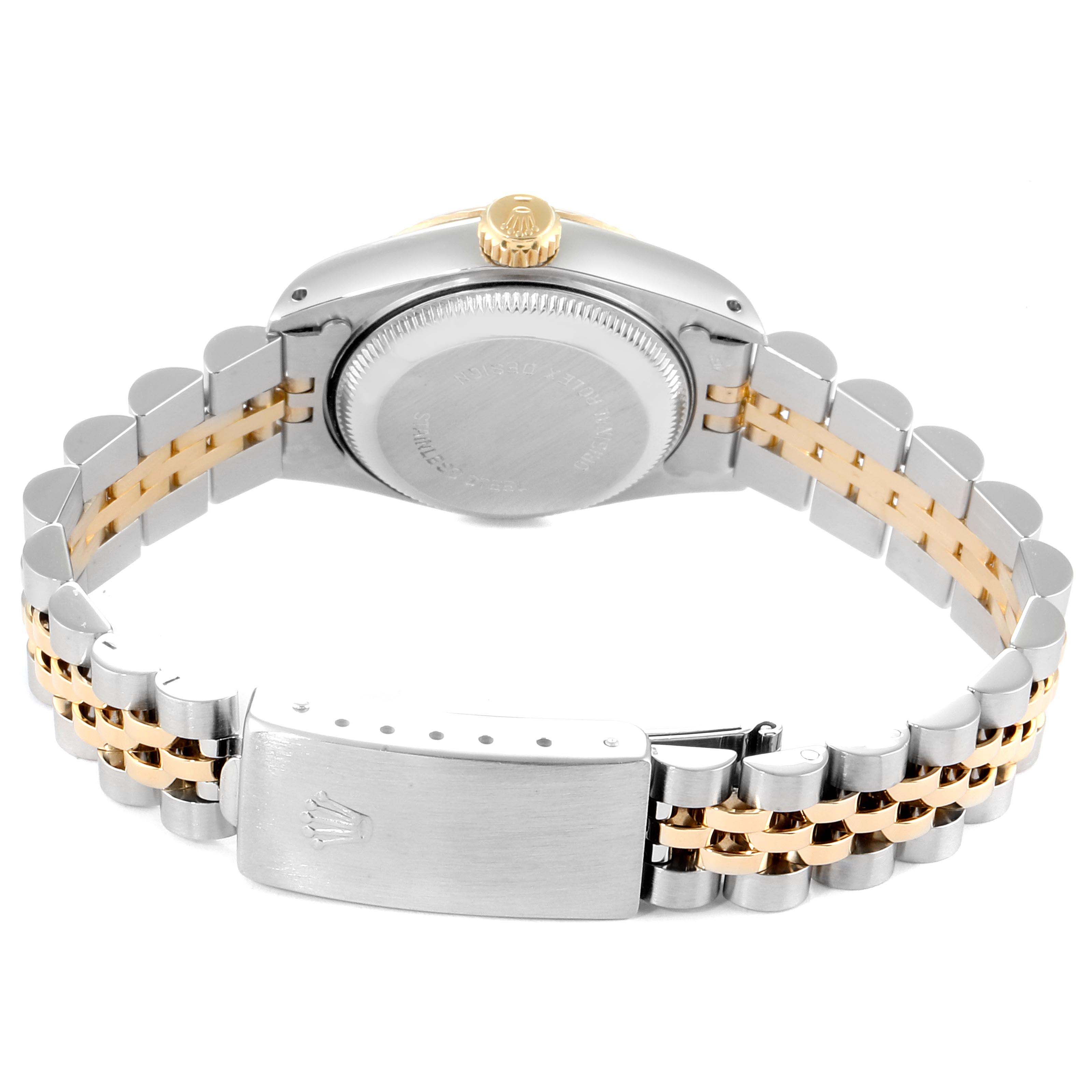 The image shows the back of a Rolex Datejust 69173 Women's Steel and Gold (two tone) Champagne Dial 69173 Women's Steel and Gold (two tone) Champagne Dial watch, highlighting the case back, crown, and two-tone metal bracelet and clasp.