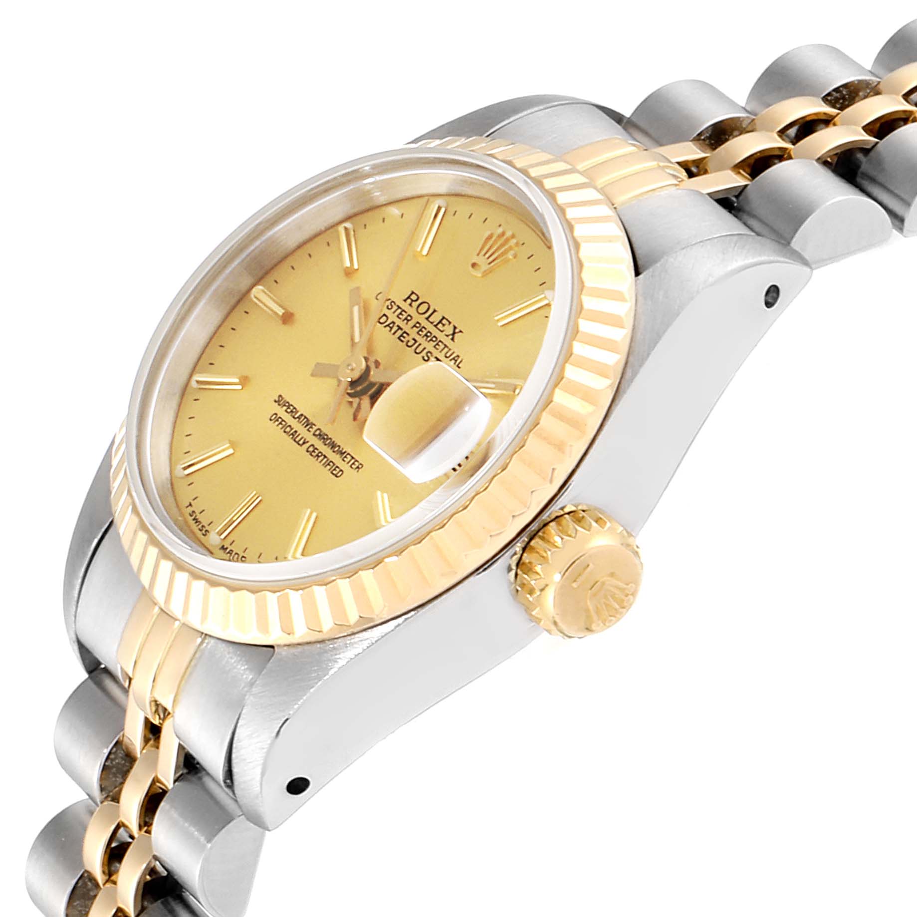 This image shows a close-up view of the Rolex Datejust 69173 Women
s Steel and Gold (two tone) Champagne Dial 69173 Women
s Steel and Gold (two tone) Champagne Dial watch, highlighting its gold dial, fluted bezel, and side crown.