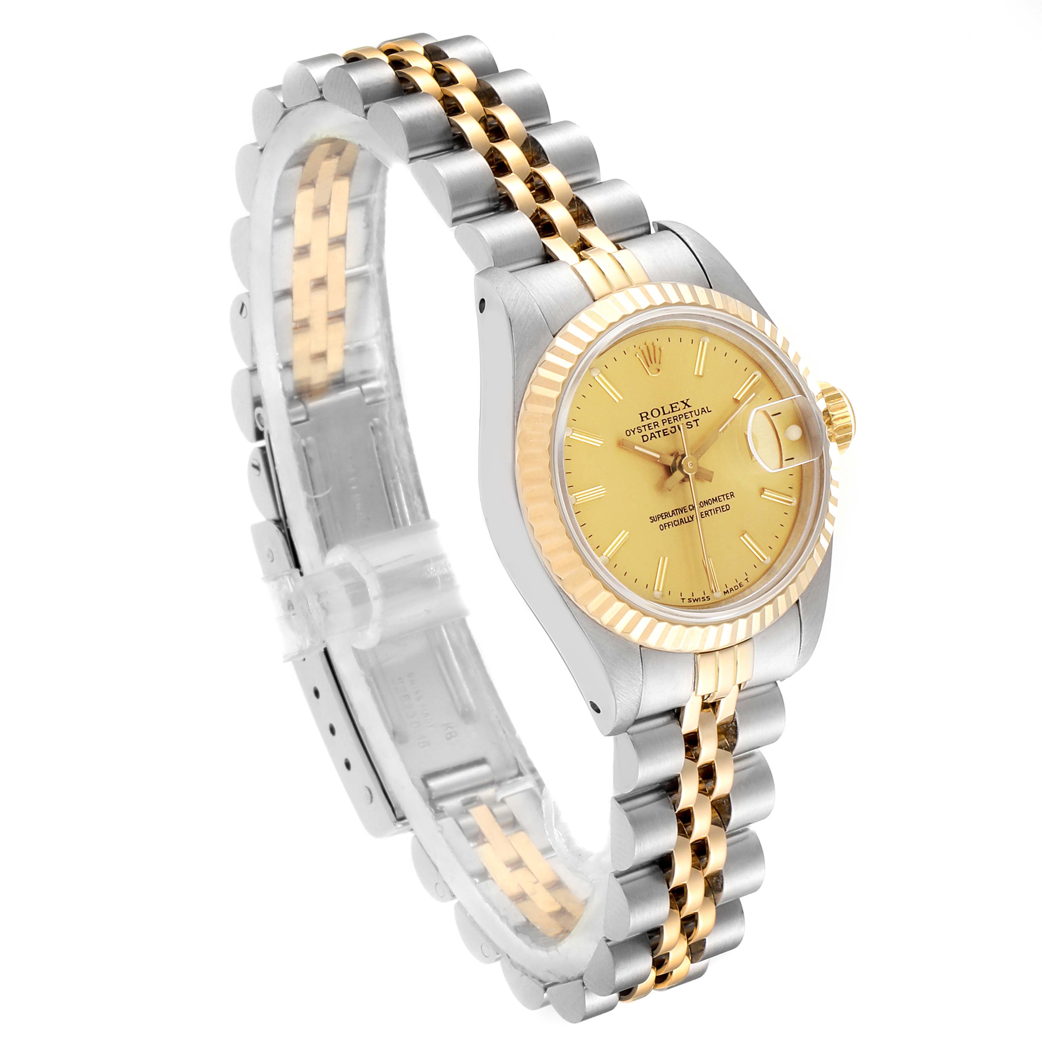This image shows a Rolex Datejust 69173 Women
s Steel and Gold (two tone) Champagne Dial 69173 Women
s Steel and Gold (two tone) Champagne Dial watch at a slight angle, highlighting its gold bezel, gold dial, and two-tone bracelet.