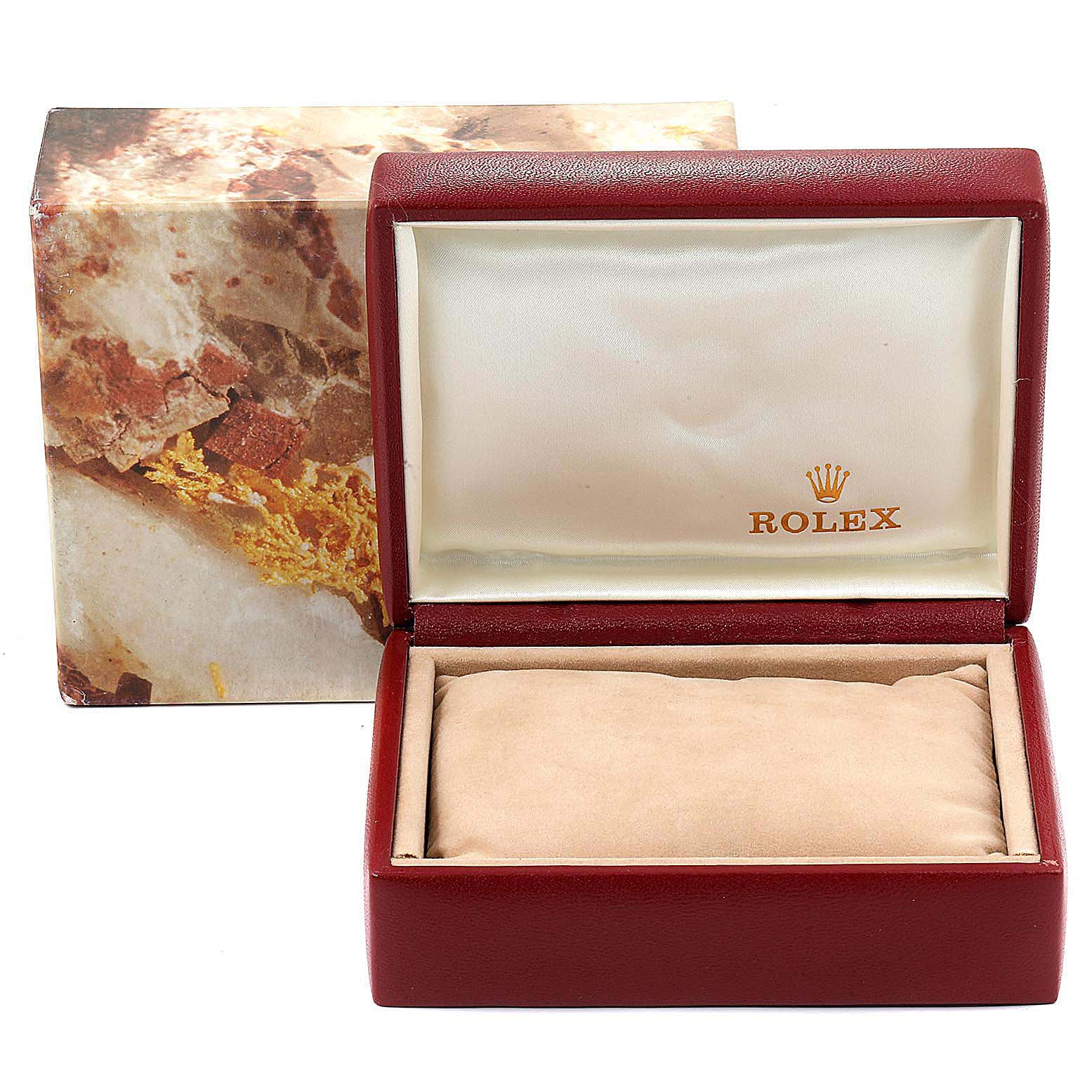 The image shows an empty Rolex Datejust 69173 Women
s Steel and Gold (two tone) Champagne Dial 69173 Women
s Steel and Gold (two tone) Champagne Dial watch box with the lid open, revealing the cushioned interior.