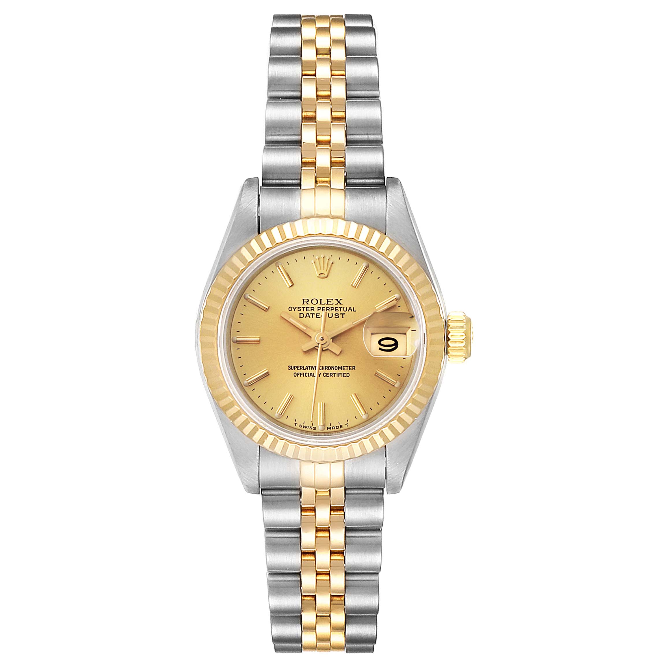 The Rolex Datejust 69173 Women
s Steel and Gold (two tone) Champagne Dial 69173 Women
s Steel and Gold (two tone) Champagne Dial watch is shown from a top-down angle, displaying the face, bezel, and two-tone bracelet.