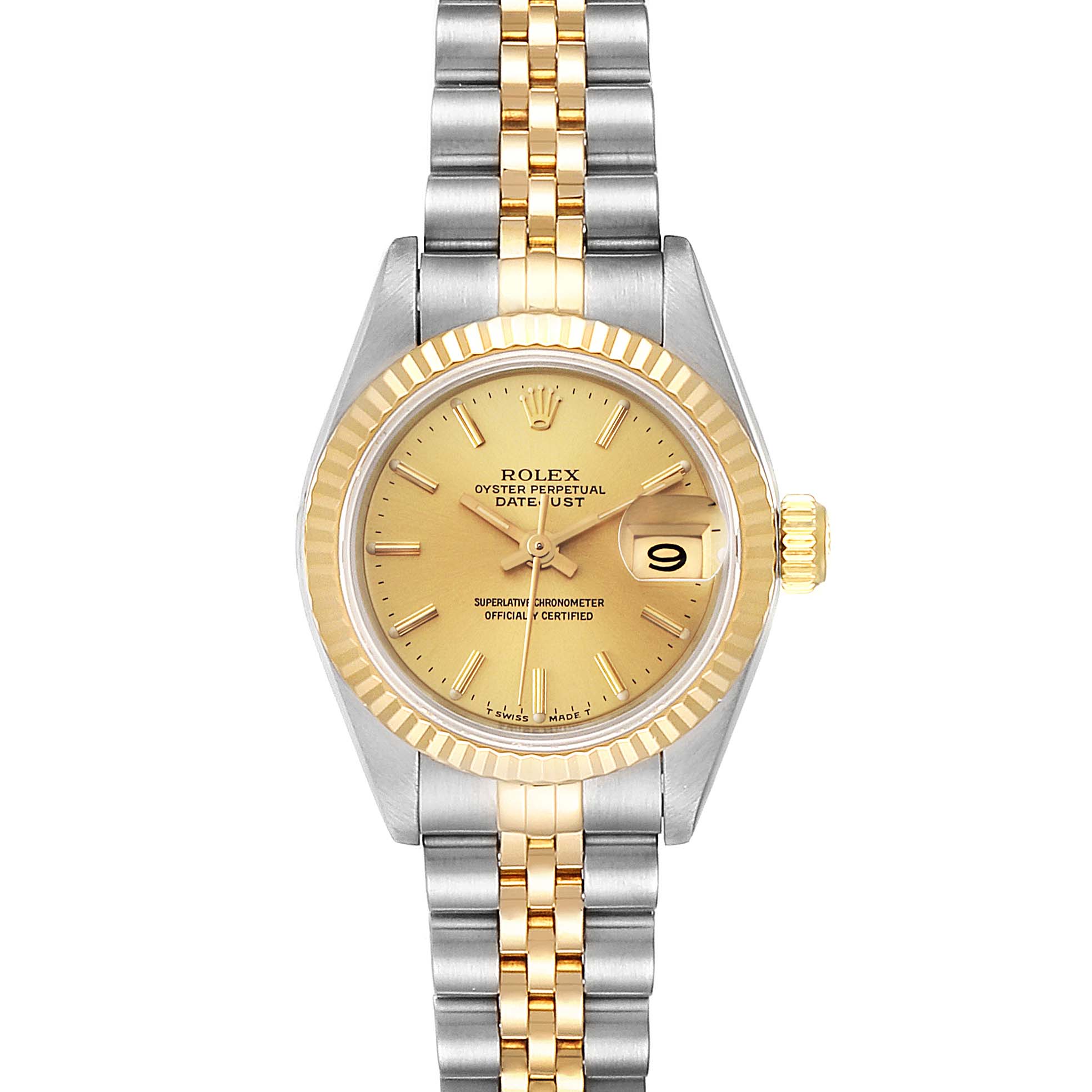 The image shows a front view of a Rolex Datejust 69173 Women
s Steel and Gold (two tone) Champagne Dial 69173 Women
s Steel and Gold (two tone) Champagne Dial watch displaying its dial, bezel, and two-tone bracelet.