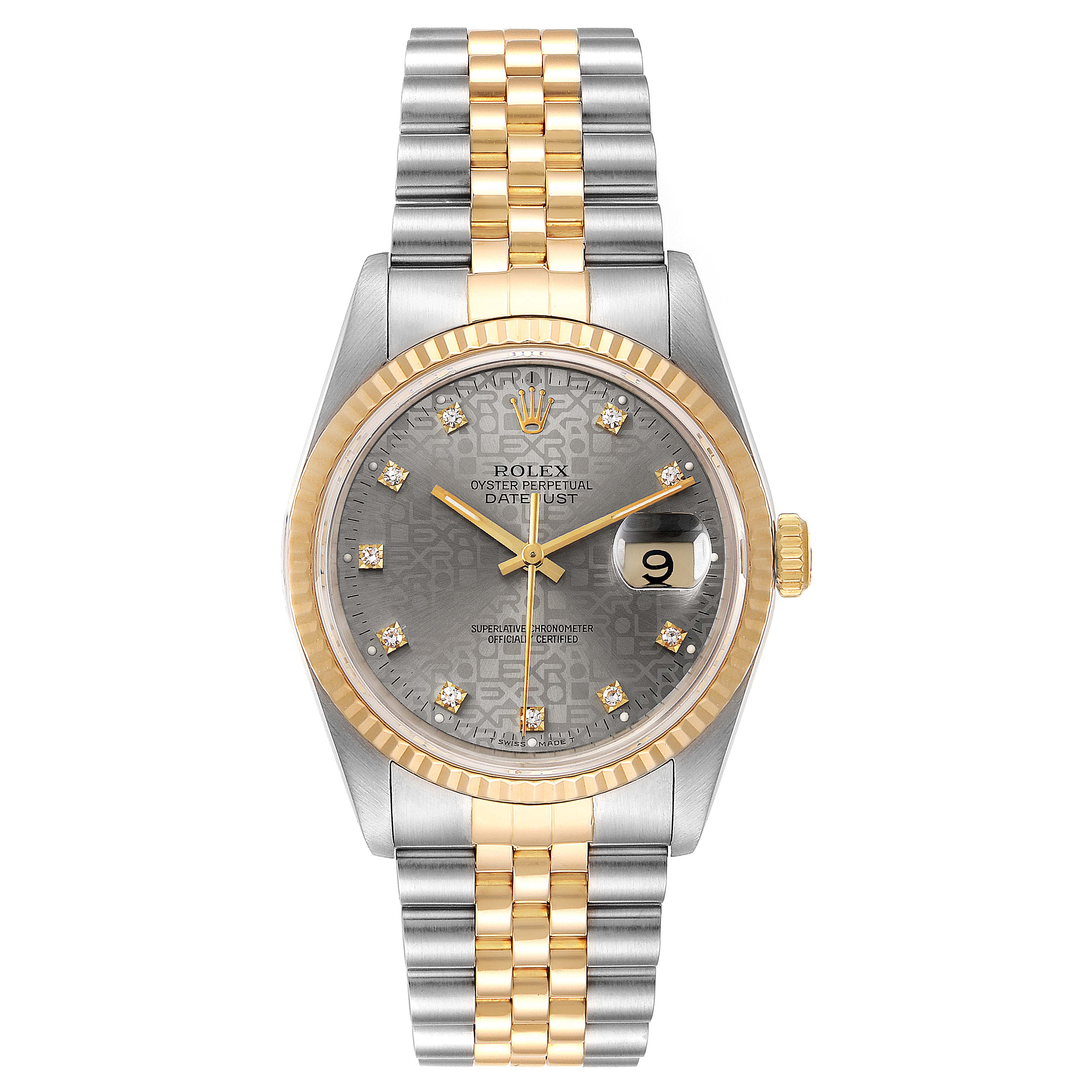 This image shows a straight-on view of a Rolex Datejust 16233 Men
s Steel and Gold (two tone) Grey Dial 16233 Men
s Steel and Gold (two tone) Grey Dial watch with a two-tone bracelet, fluted bezel, and diamond hour markers.